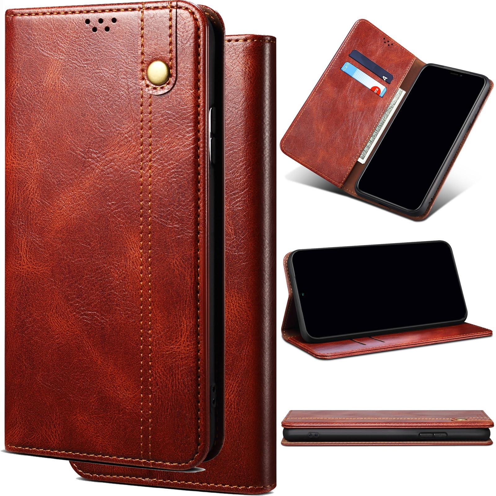 GuluGuru for iPhone 16 Pro Max Waxy Leather Phone Case, Retro Oil Wax Style with Stitching Folio Flip Ultra Thin Slim Magnetic Cover, Multi Hidden Credit Card Holder Cash Slot, Stand Support