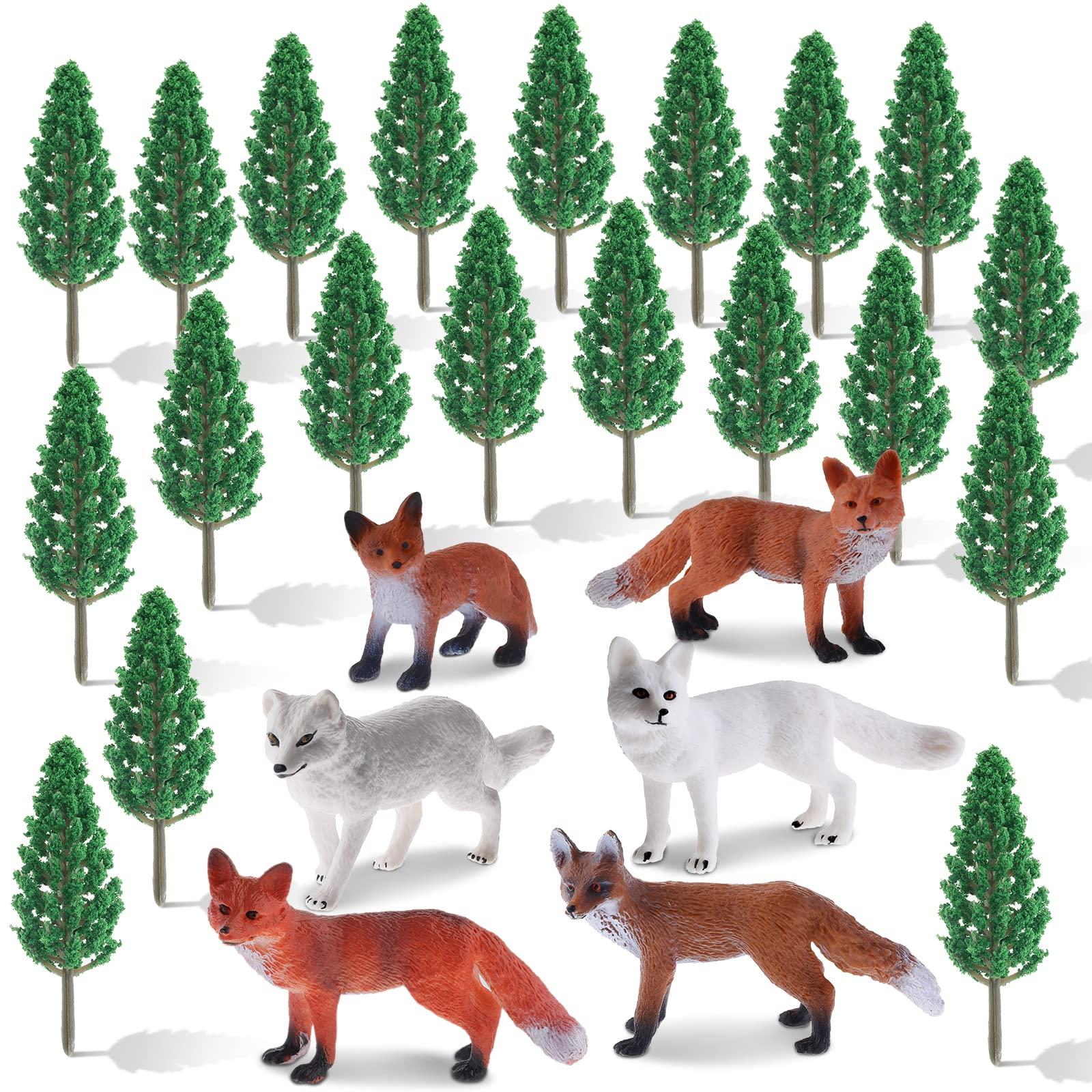 26 Pcs Fox Toy Figures Set Including Arctic Fox Red Foxes Figurines with Miniature Plastic Trees Mini Trees Animal Miniature Fox Cake Toppers for Kids Educational Toy Christmas Birthday Party Favors