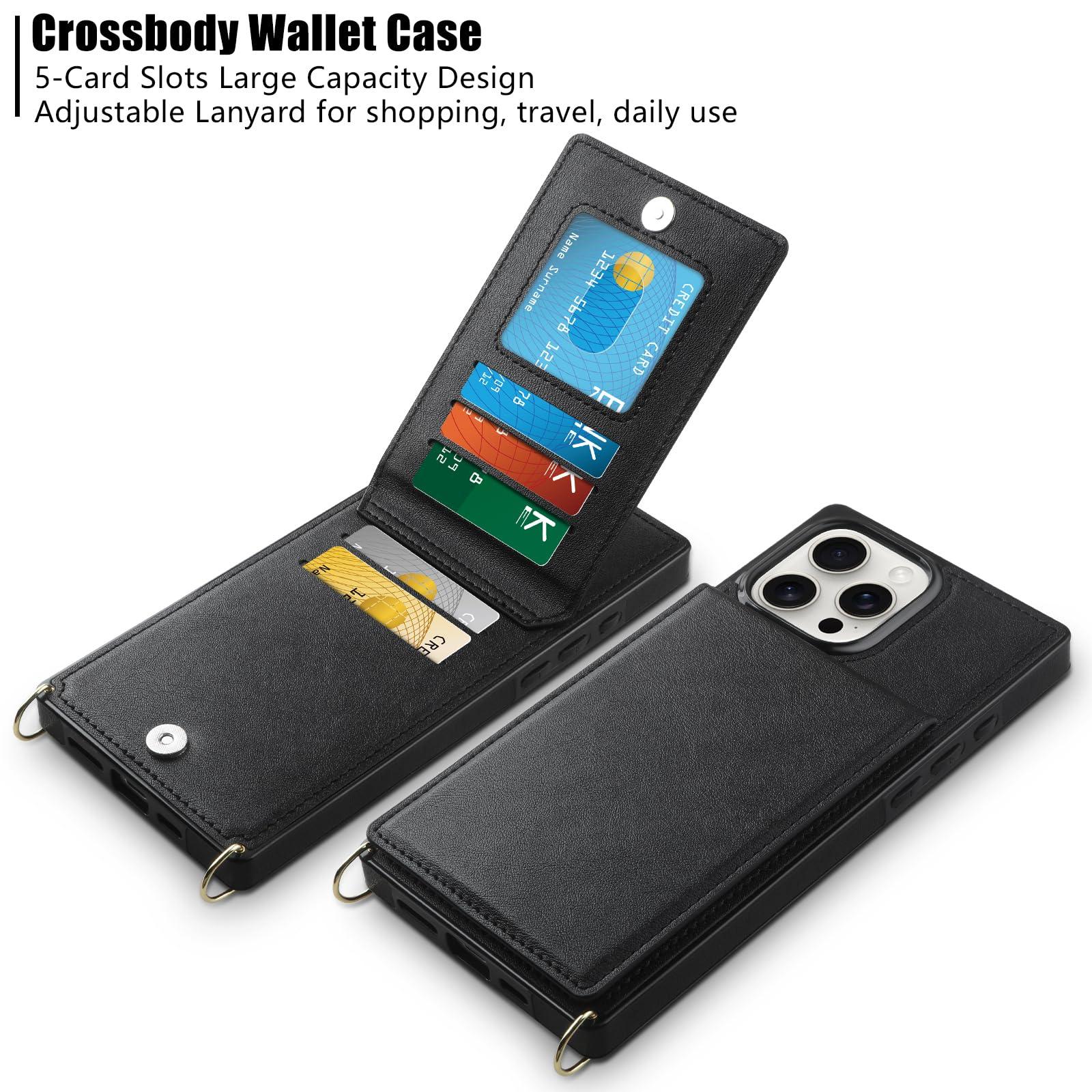 Vofolen for iPhone 16 Pro Max Case with Card Holder Crossbody Lanyard Strap Leather Wallet Case with Magnetic Clasp Kickstand Heavy Duty Protective Flip Cover for iPhone 16 Pro Max for Women, Black - Image 2