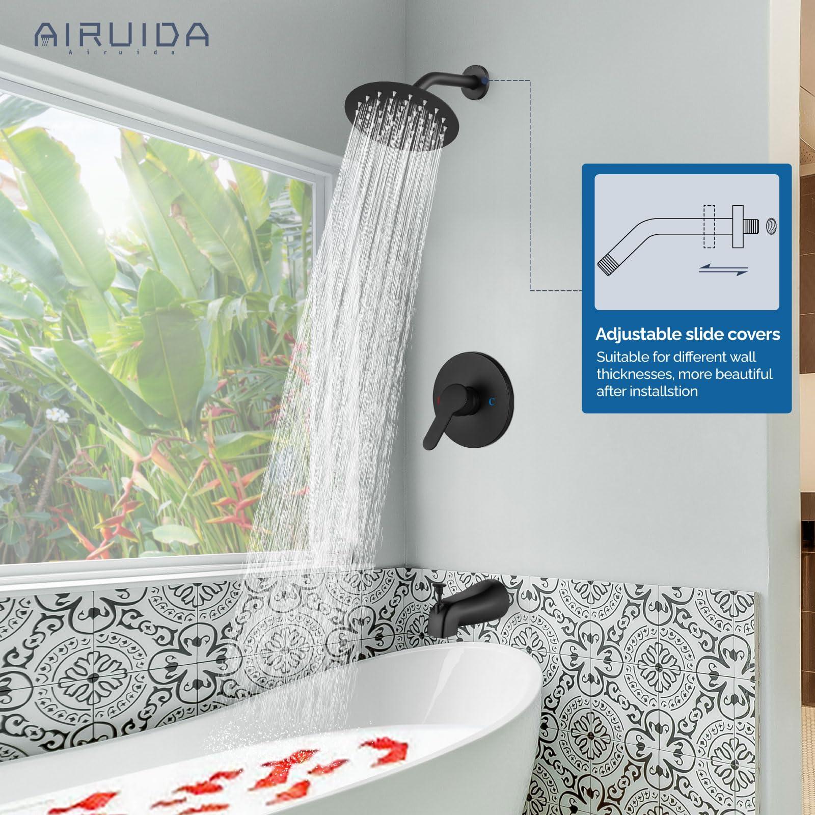 Airuida Shower Faucet Set with Tub Spout Bathtub Faucet Kit Shower Tub Faucet Set Complete Tub Shower Trim Kit with Solid Brass Rough-in Valve Rainfall Round 6 Inch Shower Head Matte Black - Image 4