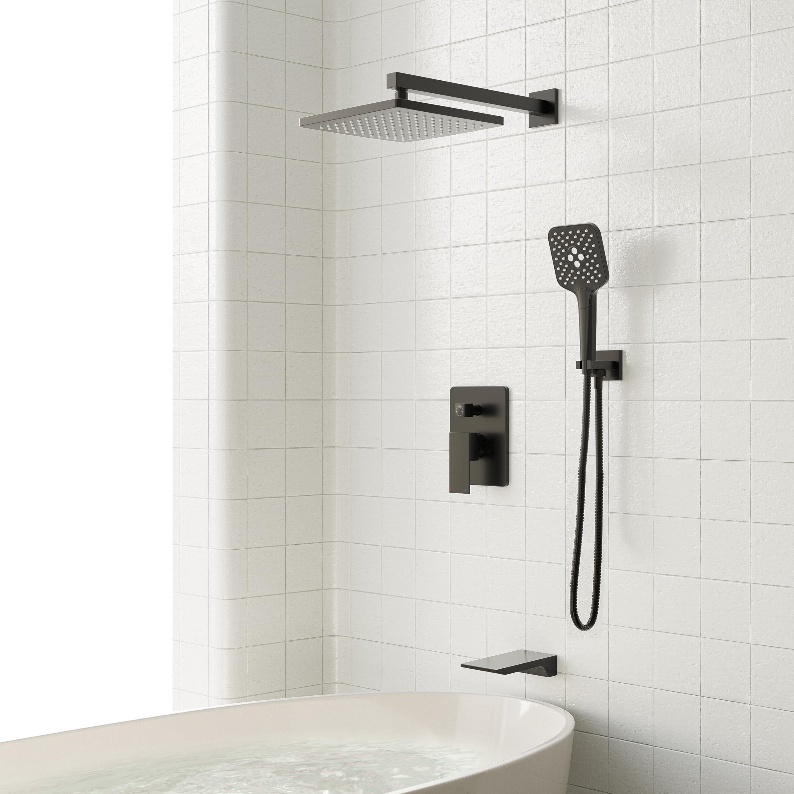 Gabrylly Shower System with Tub Spout, Wall Mounted Tub Shower Faucet Set for Bathroom with High Pressure 10" Rain Shower head and 3-Setting Handheld Shower Head Set,Matte Black - Image 2