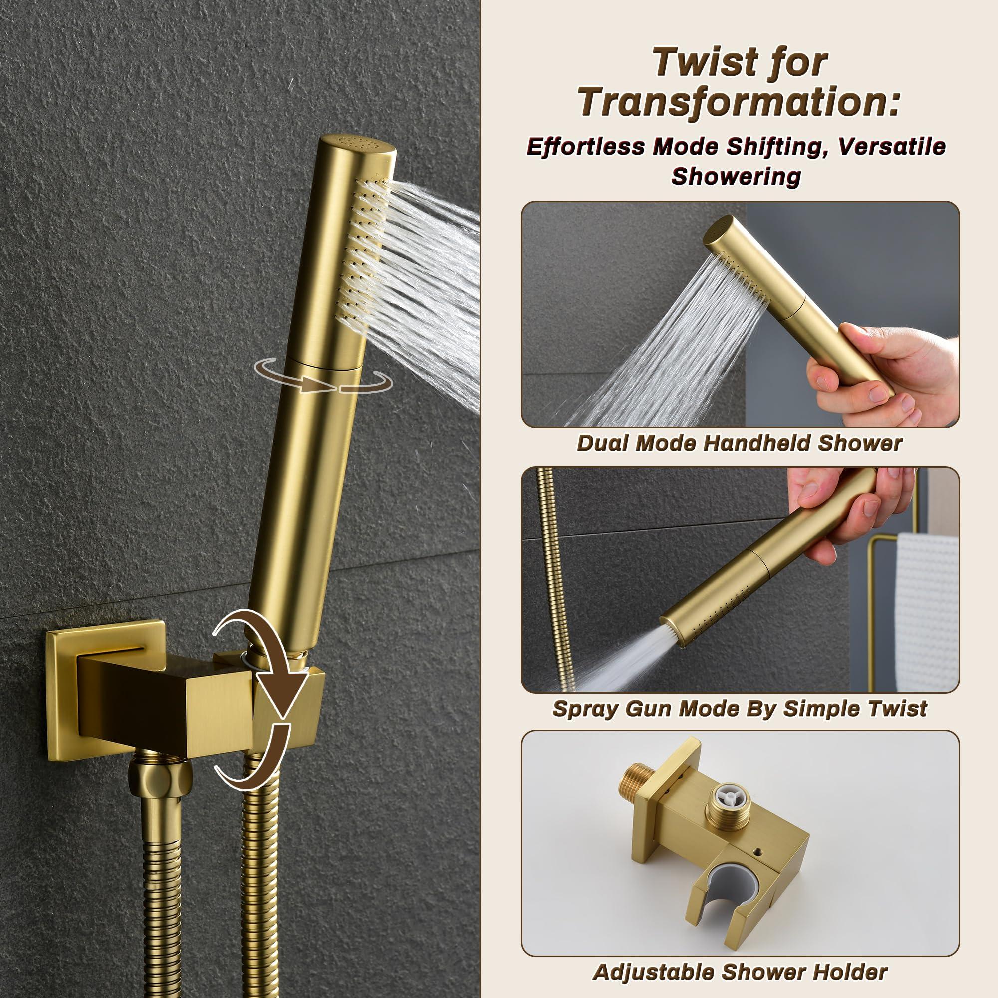Tomfaucet Rain Shower System, Push Button Diverter Shower Faucet Set with 2 in 1 Handheld Spray, Wall Mount Shower, Ceiling Mount Shower Head 3-Function Rainfall Shower System-Brushed Gold - Image 5