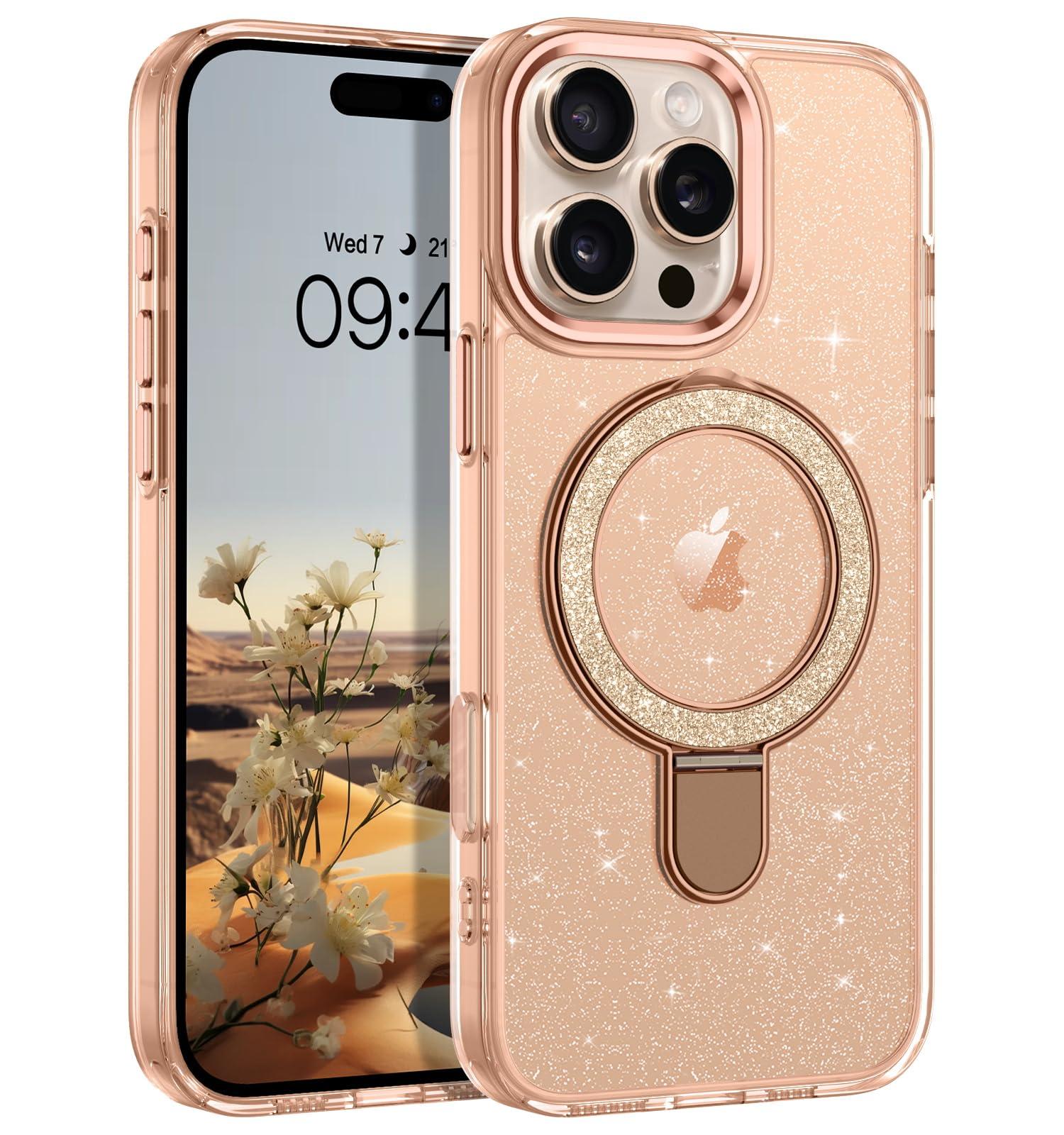 VENINGO iPhone 16 Pro Max Case, Magnetic Slim MagSafe Car Mount Supported Ring Holder Kickstand Sparkle Glitter Not Yellow Shockproof Protective Phone Cover for iPhone 16 Pro Max 6.9", Desert Titanium - Image 9