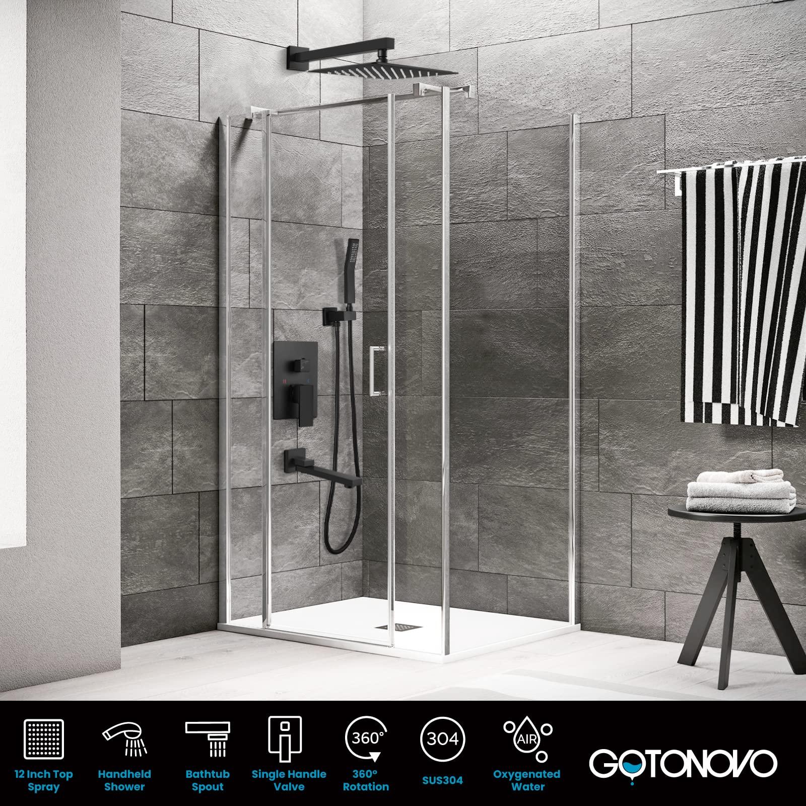 gotonovo Matte Black Shower Faucet Wall Mount Triple Function Bathroom Shower System with Tub Spout High Pressure Square 12 inch Rain Showerhead Hand Shower Rough-In Valve and Trim Included - Image 3