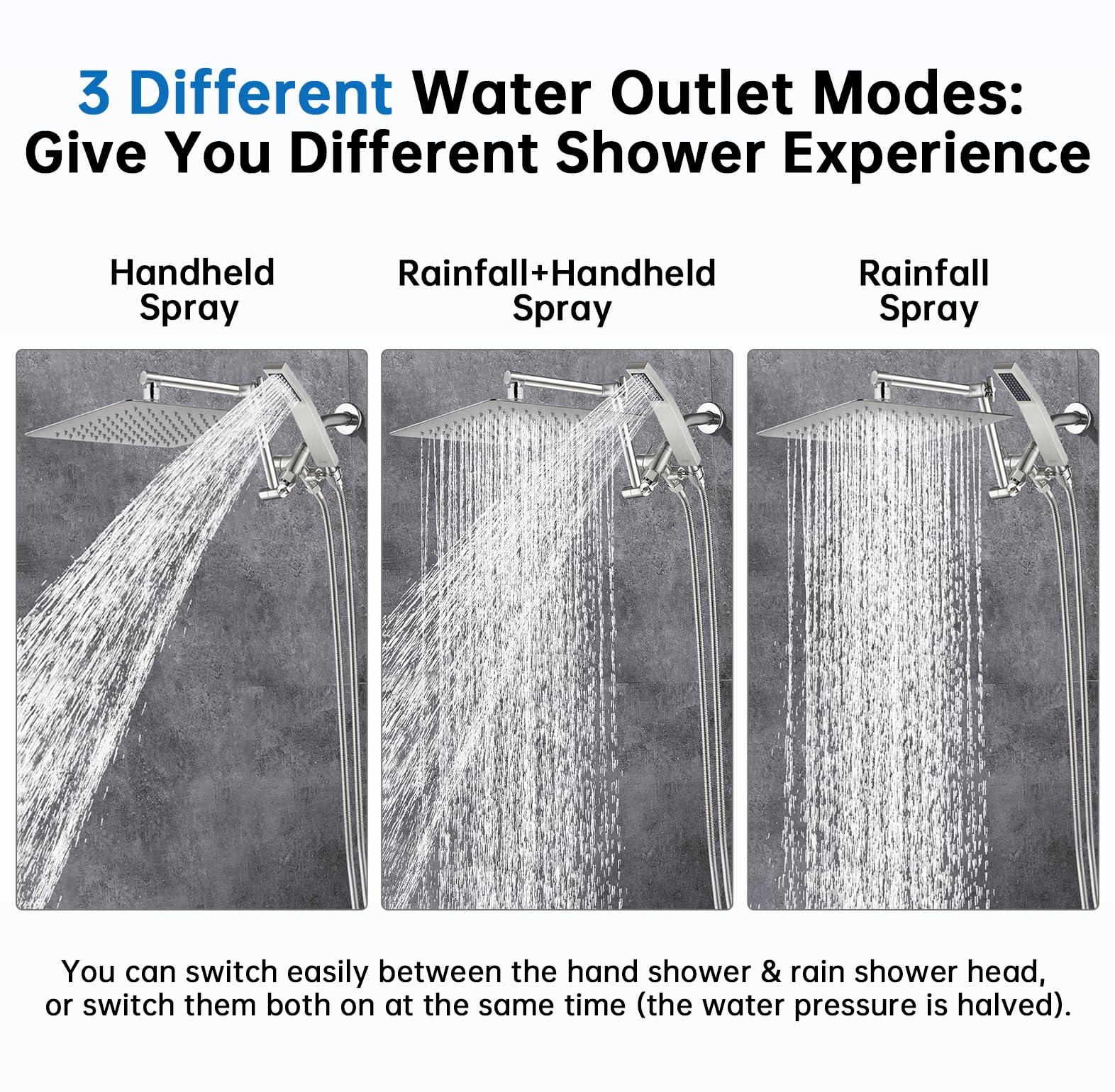 G-Promise All Metal 10 Inches Rainfall Shower Head with Handheld Spray Combo, 3 Settings Diverter, Adjustable Extension Arm with Lock Joints, 71 Inches Stainless Steel Hose (Brushed Nickel) - Image 3