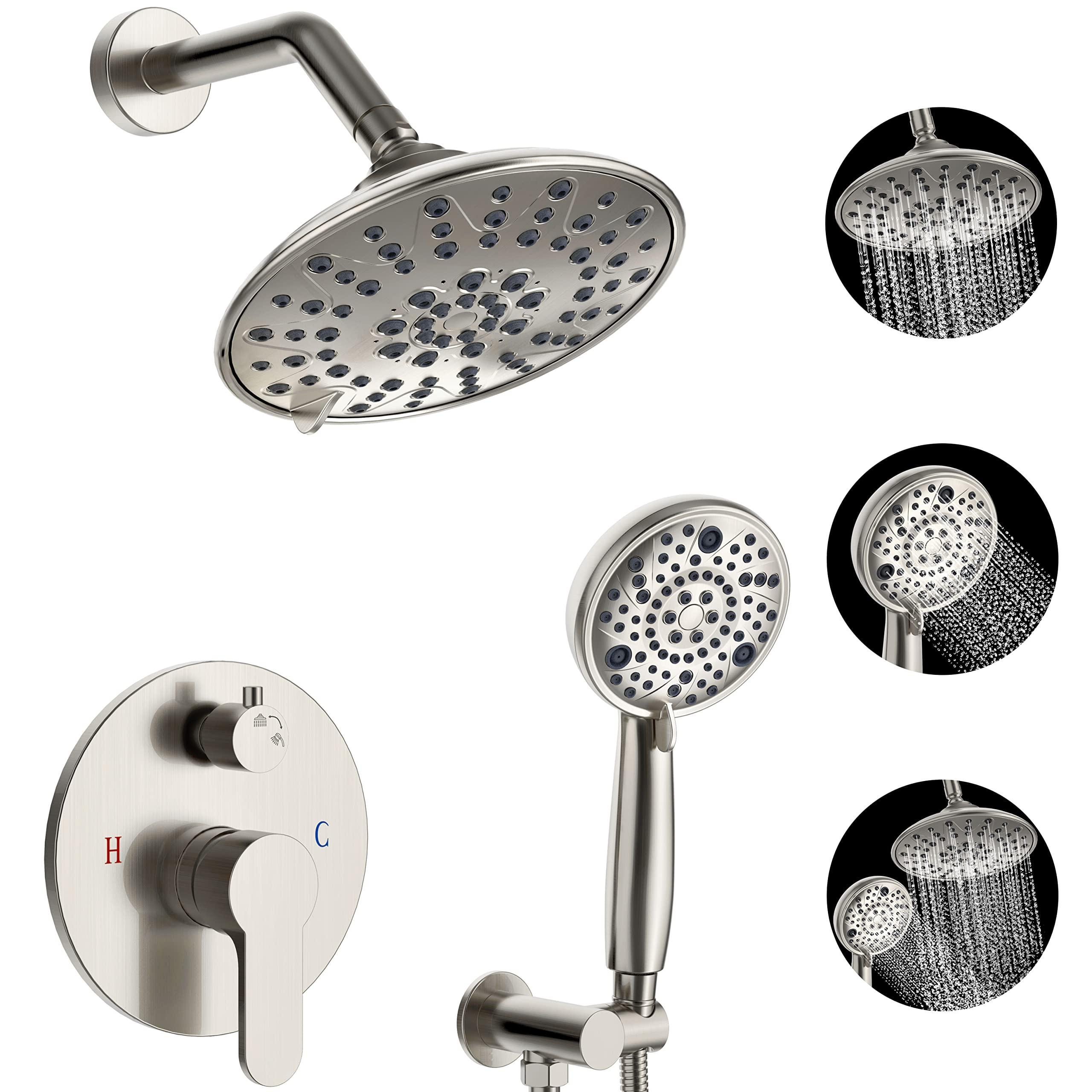 EMBATHER Shower Faucets Sets Complete, with 3 Setting High Pressure Shower Head Combo, Bathroom Wall Mounted Rainfall Shower System Fixtures with 8-Mode Handheld Spray, Brushed Nickel