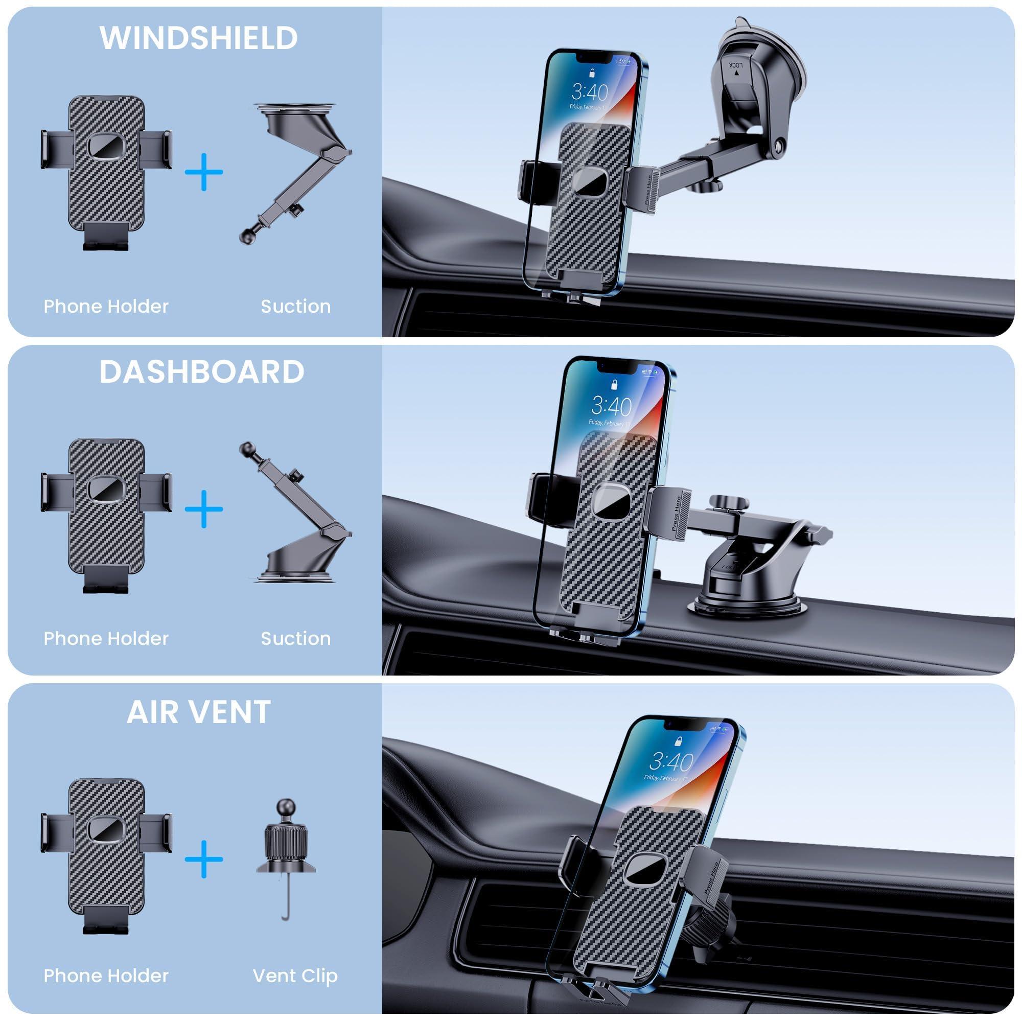 GUWEZ Phone Holder Car Mount for iPhone [Powerful Suction] Phone Mount for Car Dashboard Windshield Air Vent Universal Accessories Automobile Phone Holder Fit iPhone Smartphone Carbon Fiber - Image 2