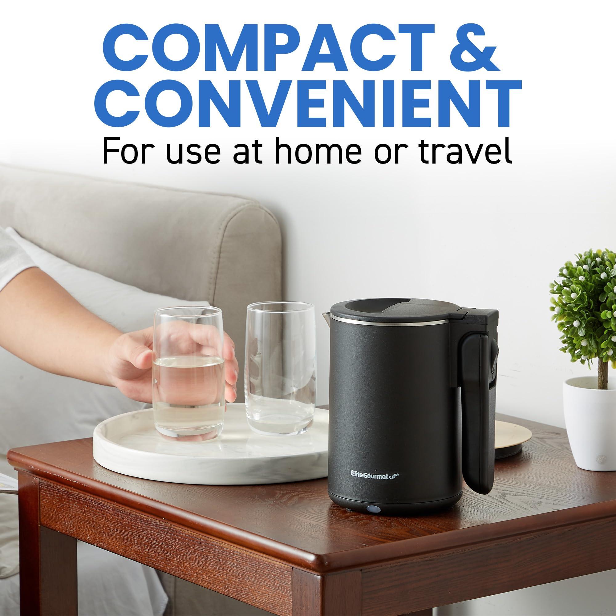 Elite Gourmet EKT719 Dual Volt 120-230V, Travel Double Wall Insulated Cool-Touch, 0.6L Electric Kettle, Stainless Steel Interior, Hinged-Locking Lid, Retractable Handle, Auto Shut-Off, Boil Dry, Black - Image 7