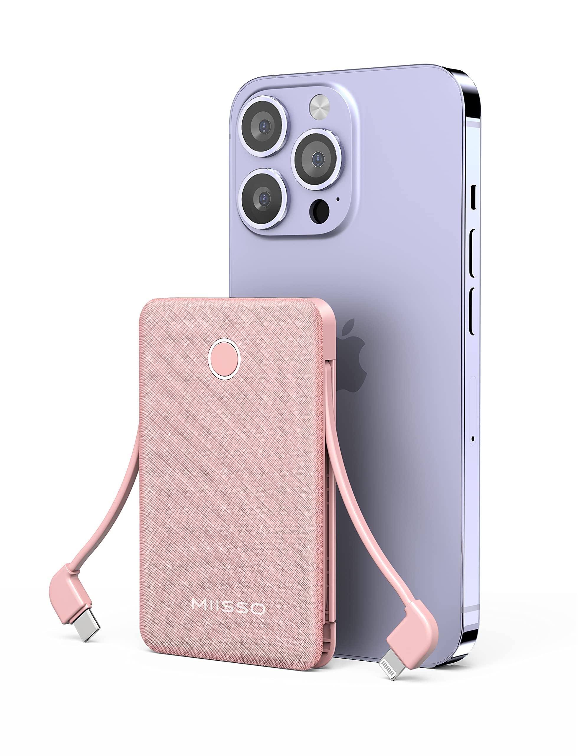 6000mah Ultra Slim Built in Cables Power Bank, Card Size Built in USB C Cords Battery Pack Portable Charger for Phones, 3 Output External Battery Pack Compatible with iPhone, Samsung, Google, Pink