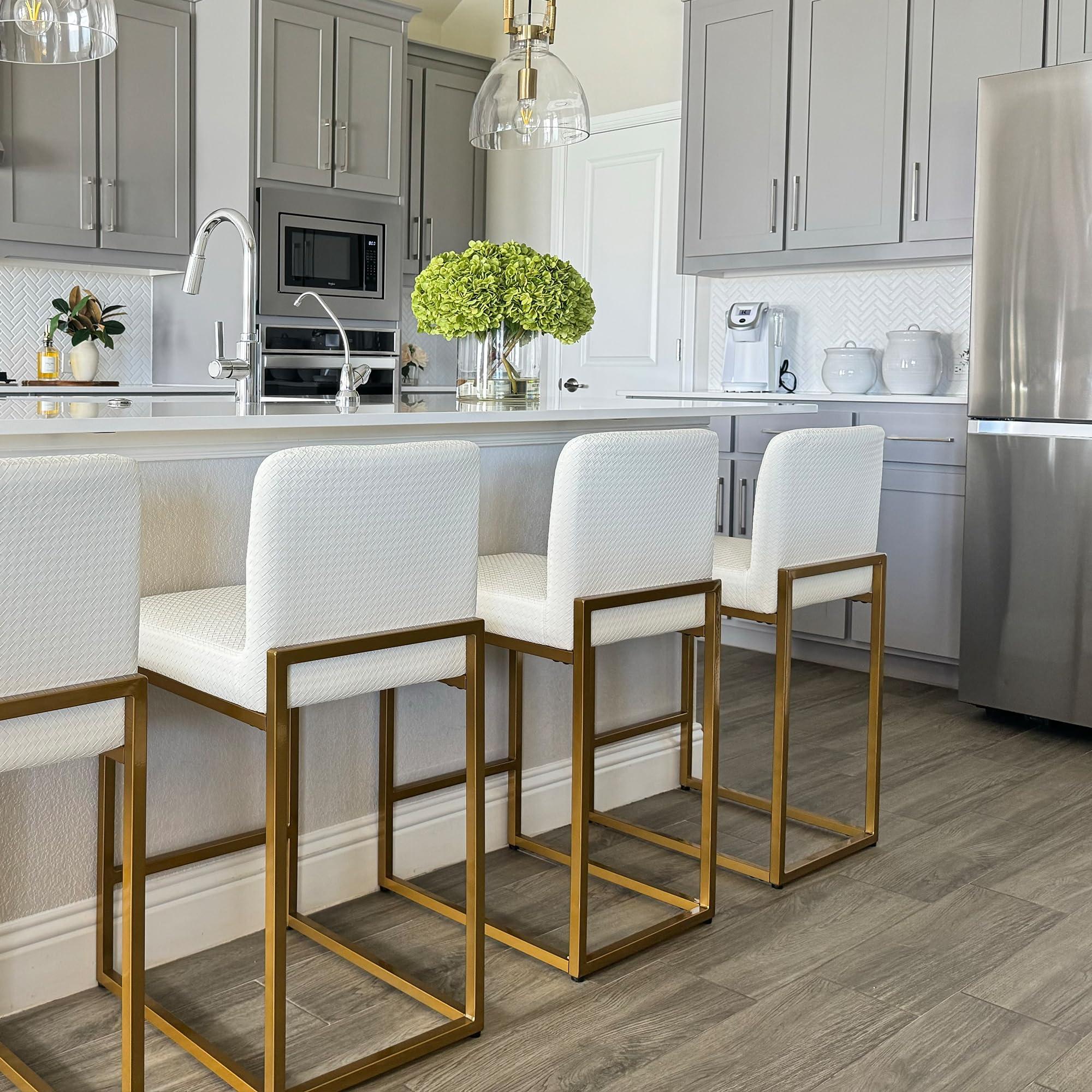 PHI VILLA Bar Stools Set of 3 - Counter Height Bar Stool Leather Stools for Kitchen Counter, White and Gold Bar Stools with Back - Image 6