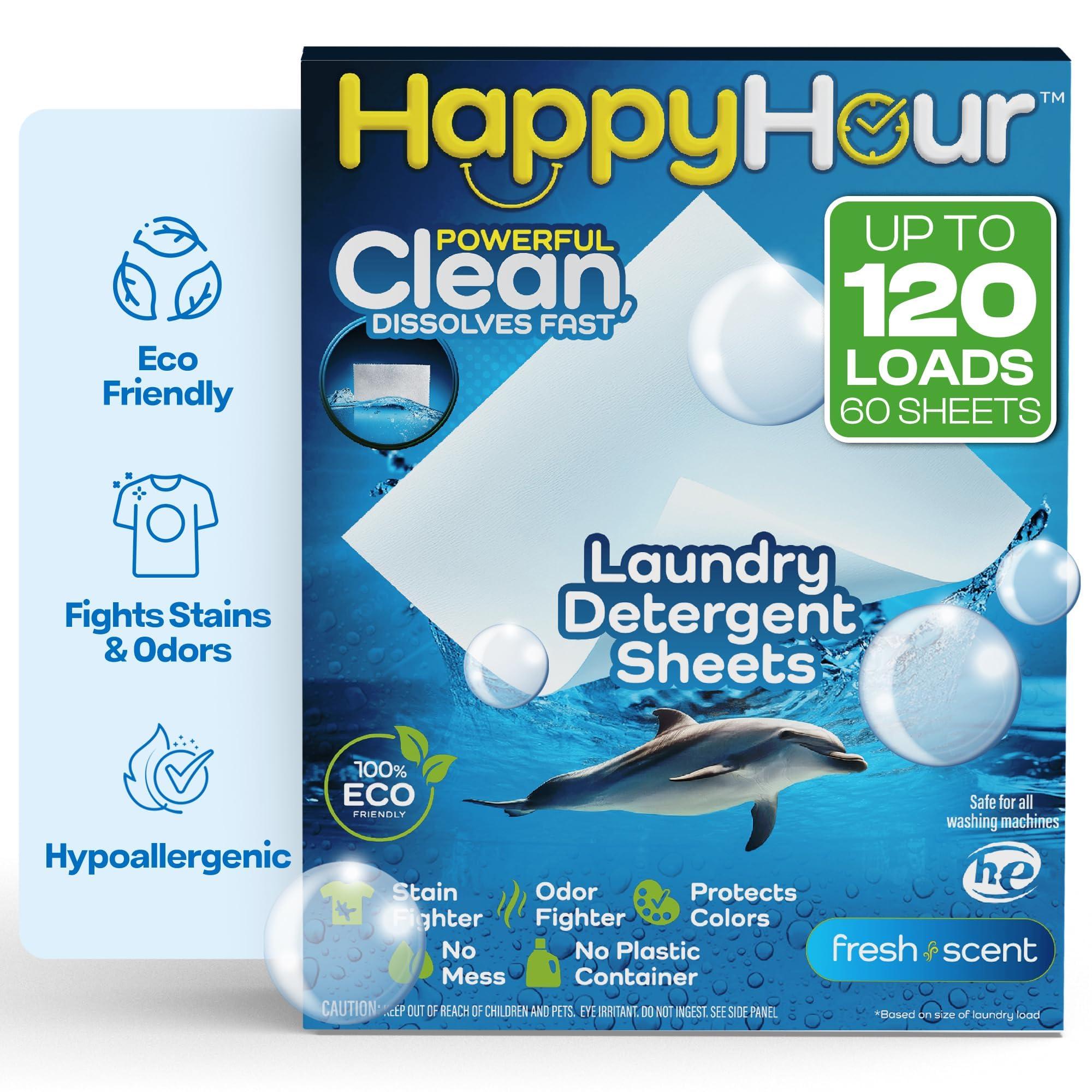 HAPPY HOUR Laundry Detergent Sheets Value Pack with up to 120 Loads, Non Toxic Laundry Sheets Detergent Soap for Sensitive Skin, Recyclable Eco Friendly, Perfect for Travel - Fresh Scent