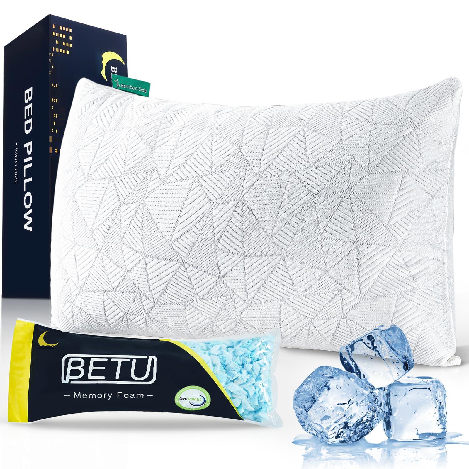 BETU Cooling Pillow Queen Size, Shredded Memory Foam Cool Pillow for Hot Sleepers, Adjustable Firm Soft Support Bed Pillows Perfect for Back Neck Pain and Side Sleeping with Pillow Case Cover, White