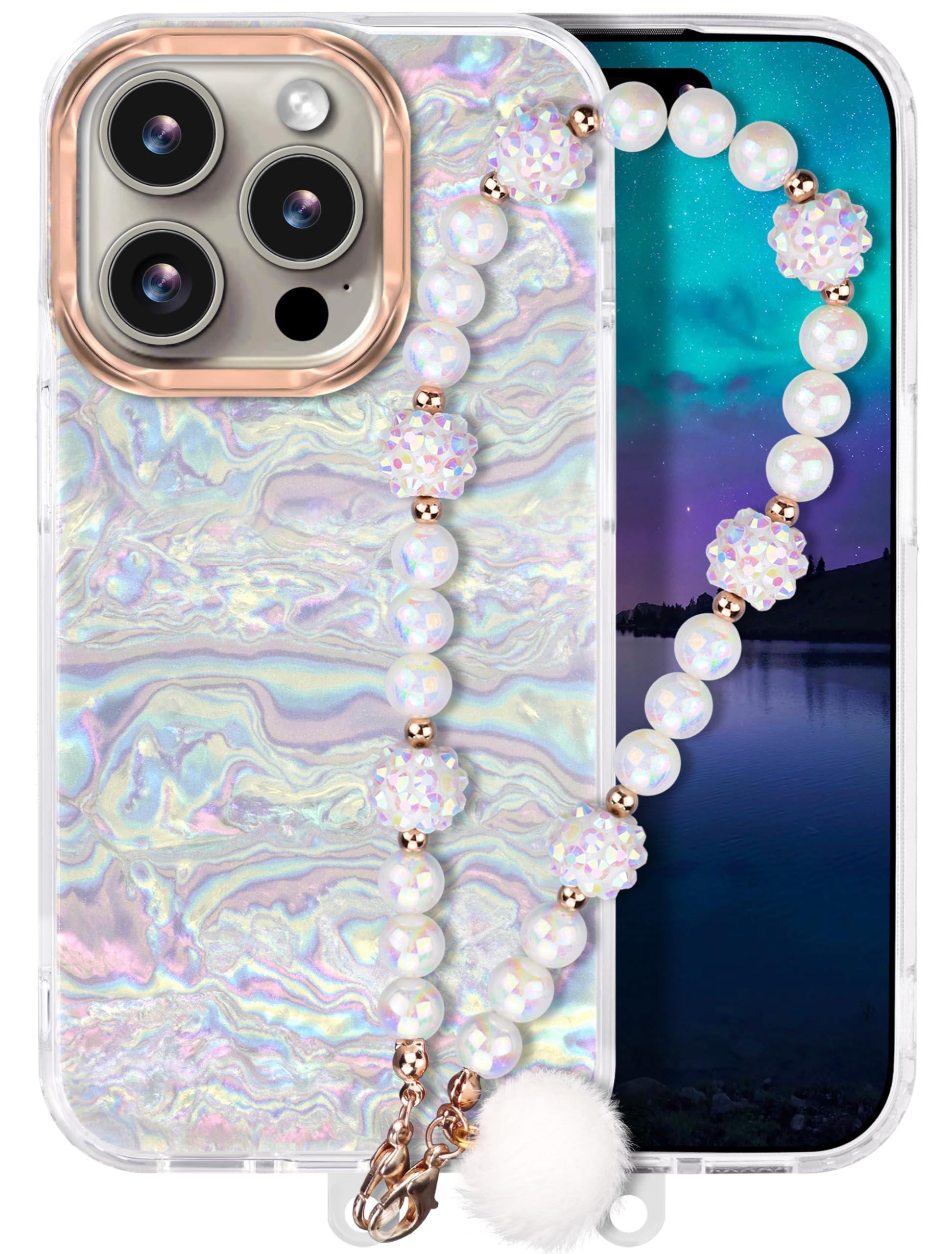 Compatible with iPhone 16 Pro Max Case for Women Girls, Slim Fit Glitter Cute Phone Case for iPhone 16 Pro Max with Pearl Phone Charm Lanyard Wrist Strap, Hard Protective Case 6.7 Inch Shiny White