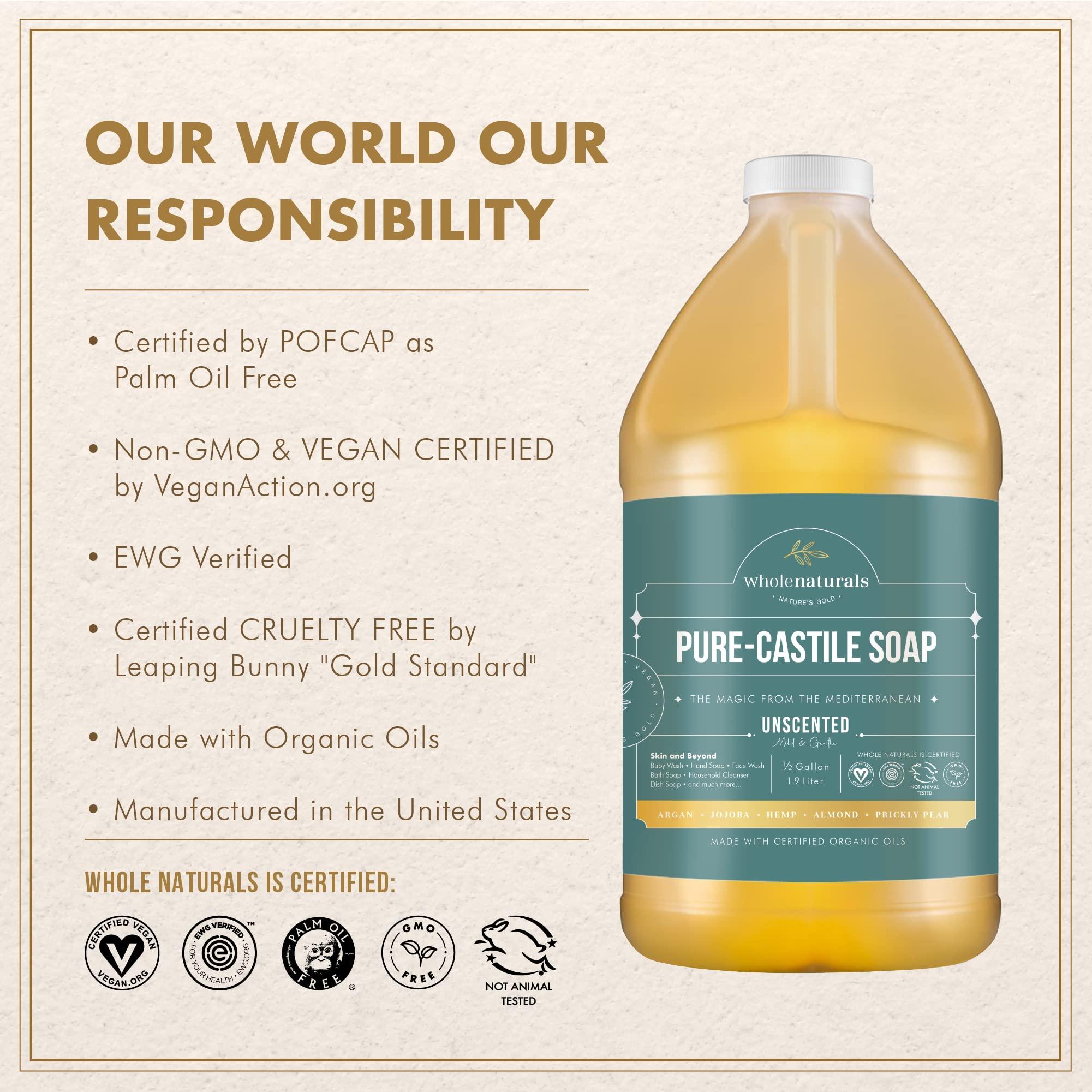 WHOLENATURALS Pure Castile Soap Liquid, EWG Verified & Certified Palm Oil Free Unscented, Natural, Mild & Gentle Non-gmo & Vegan - Organic Body Wash, Laundry, Pet/Dog and Baby Soap - 64 Fl Oz - Image 7