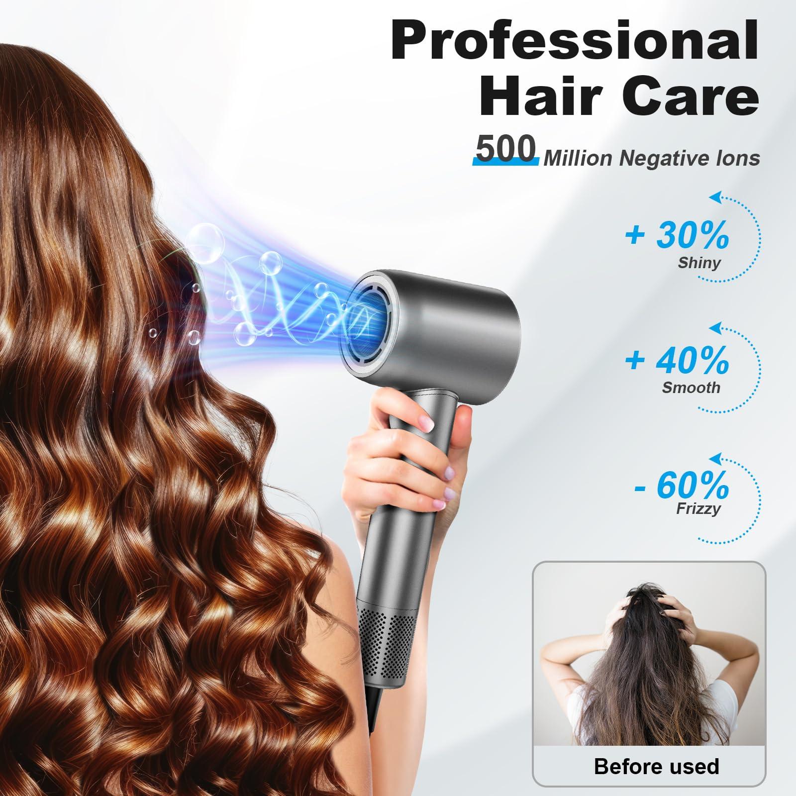 Guowo Hair Dryer, 160000 RPM Professional High Speed Ionic Blow Dryer for Fast Drying, 5 Temps/3 Speeds Lightweight Hairdryer with Magnetic Diffuser for Curly Hair for Home Travel Salon, Silver - Image 4