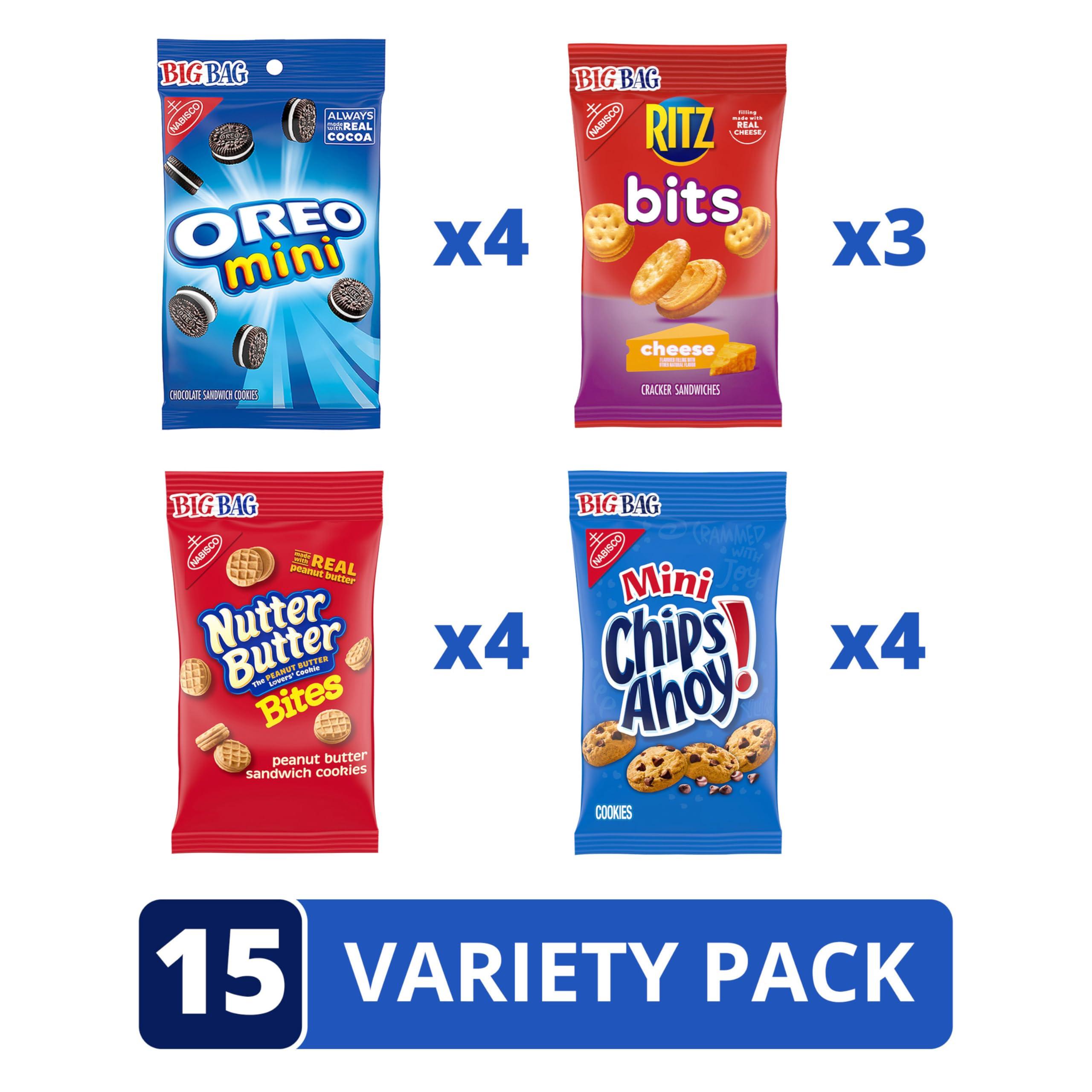 OREO Mini Cookies, CHIPS AHOY! Mini Cookies, Nutter Butter Bites & RITZ Bits Cheese Crackers Variety Pack, 15 Big Bags - Image 3