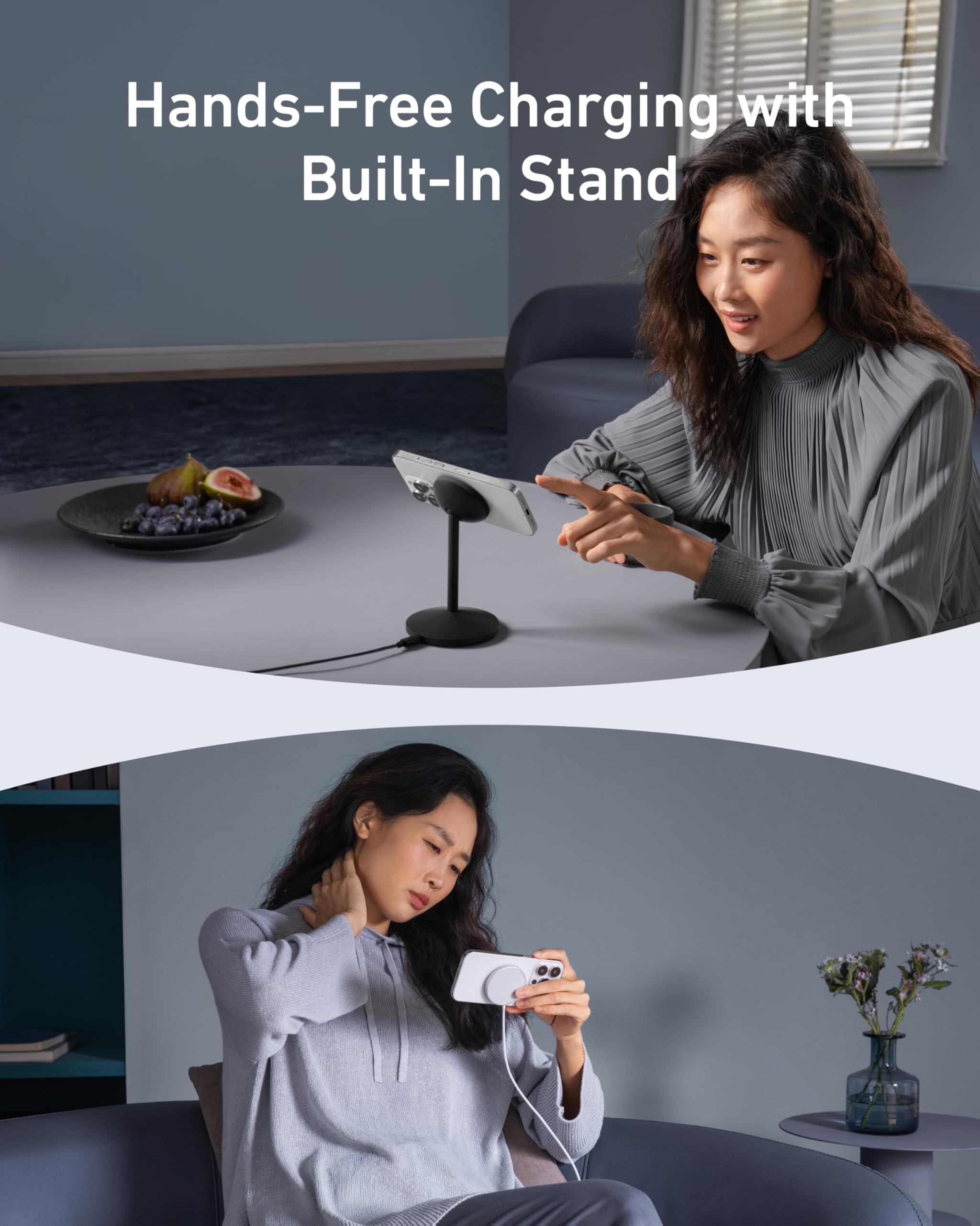 Anker MagGo iPhone 16 MagSafe-Compatible Wireless Charger Stand, 15W Fast Magnetic Wireless Charging Station, Qi2 Certified 360° Charger, for iPhone 16/15/14/13/12 Series and AirPods (No AC Adapter) - Image 4