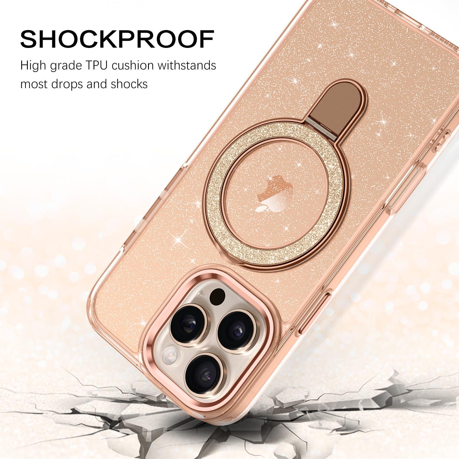 VENINGO iPhone 16 Pro Max Case, Magnetic Slim MagSafe Car Mount Supported Ring Holder Kickstand Sparkle Glitter Not Yellow Shockproof Protective Phone Cover for iPhone 16 Pro Max 6.9", Desert Titanium - Image 8