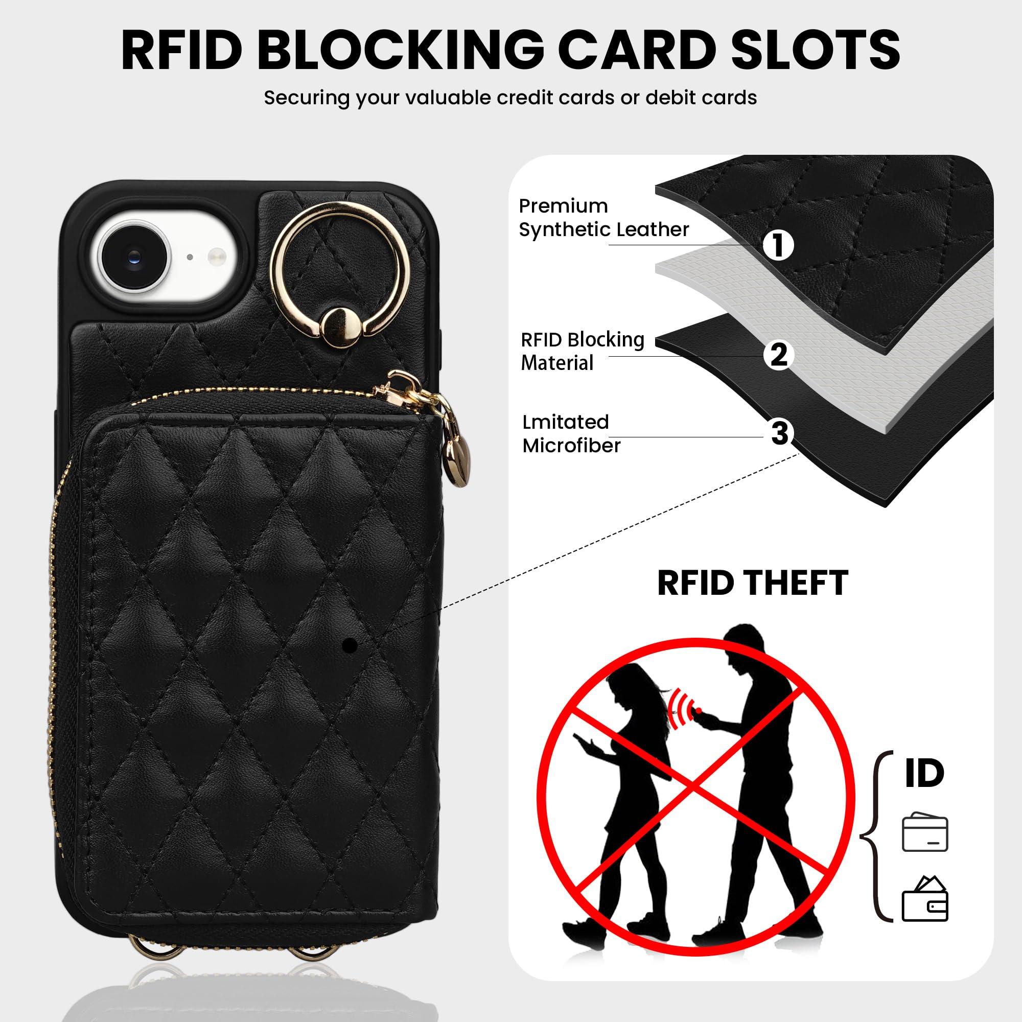 Keallce for iPhone 16e 6.1'' Wallet Case, Crossbody Zipper Purse with Wristlet for Women, RFID Blocking Card Holders, 360° Ring Kickstand Flip Leather Case for iPhone 16e 2025, Black - Image 4