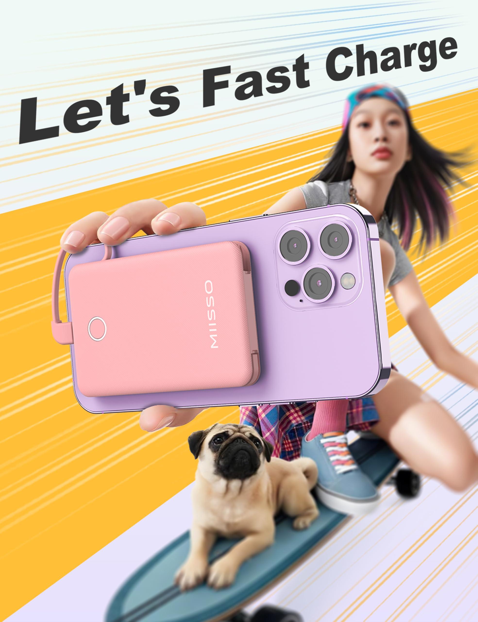 6000mah Ultra Slim Built in Cables Power Bank, Card Size Built in USB C Cords Battery Pack Portable Charger for Phones, 3 Output External Battery Pack Compatible with iPhone, Samsung, Google, Pink - Image 7