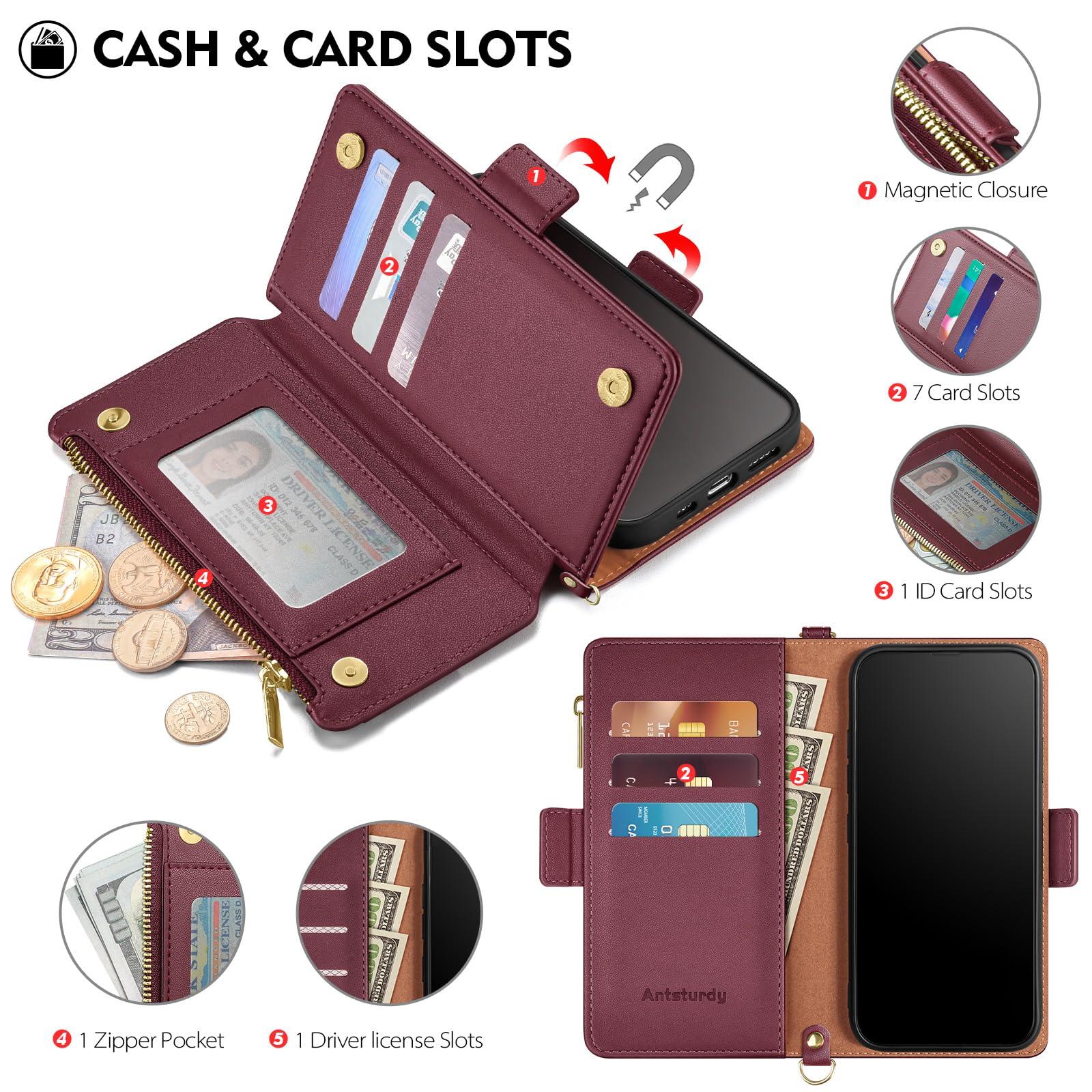 Antsturdy Compatible with iPhone 16 Pro Max Wallet Case for Women【RFID Blocking】 Crossbody Phone Case PU Leather Zipper with Wrist Strap Flip Cover Credit Card Holder for Apple 16 Pro Max,Wine Red - Image 5