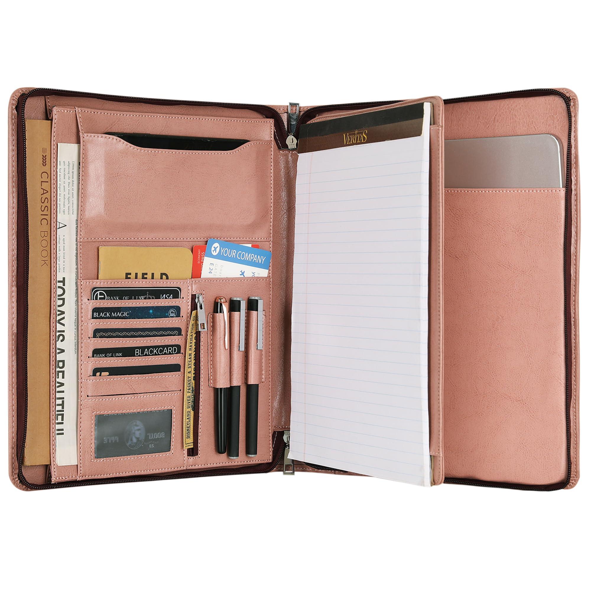 Vegan Leather Portfolio, Zippered Portfolio Binder Personalized Business Padfolio with Tablet Holder for A4 Letter Size Notepad & 13 Inch Laptop/Tablet - Pink