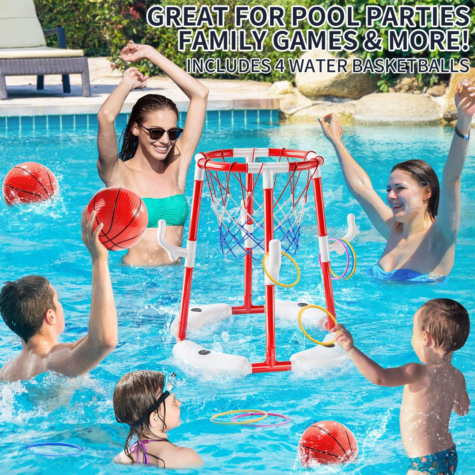 NIPLOOOW Pool Basketball Hoop, 2-in-1 Floating Pool Toys Ring Game with 4 Balls and Pump, Outdoor Swimming Pool Basketball Games Water Play Toy Family Party for Kids Adults Age 3-12 (Red) - Image 3
