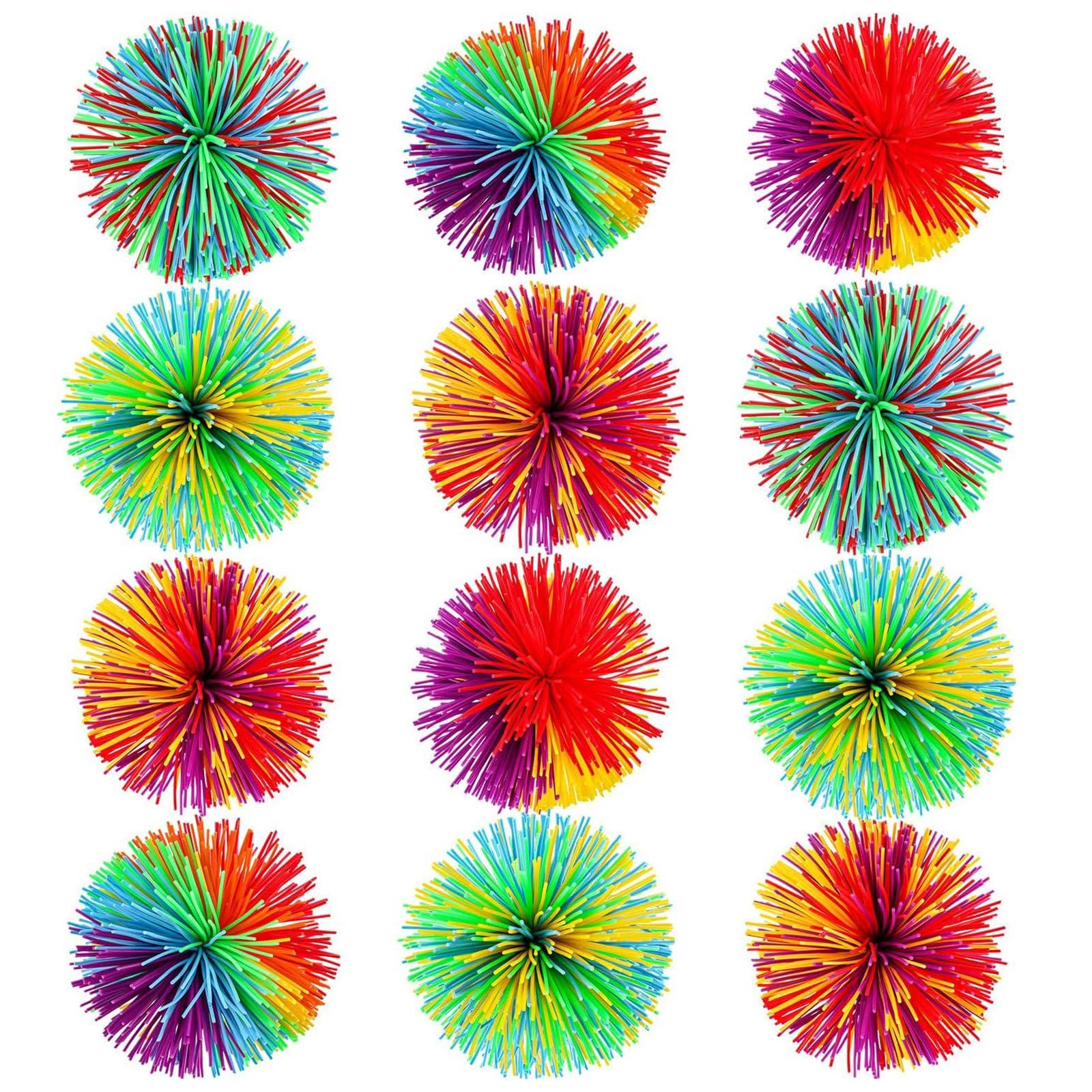 Leinuosen 12 Pieces Monkey Stringy Balls Sensory Stringy Ball Soft Rainbow Pom Bouncy Stress Bags Stuffers Party Favors Birthday Gifts, Multicolor (2.75 Inch)