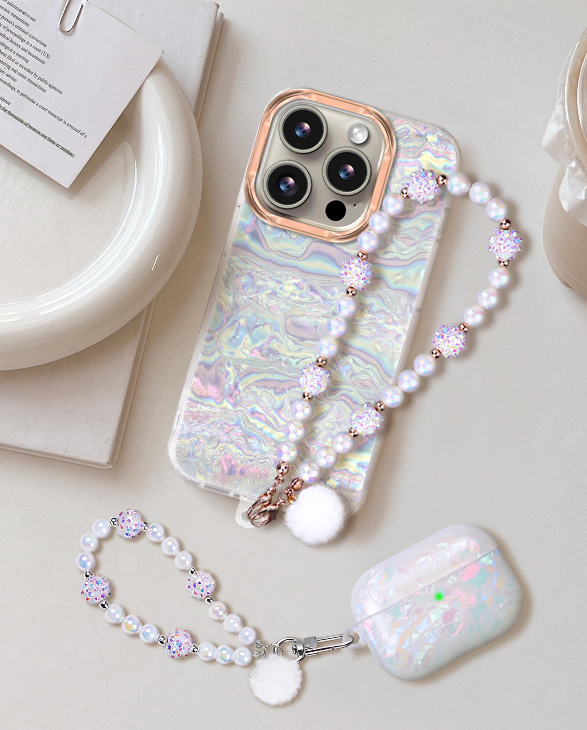 Compatible with iPhone 16 Pro Max Case for Women Girls, Slim Fit Glitter Cute Phone Case for iPhone 16 Pro Max with Pearl Phone Charm Lanyard Wrist Strap, Hard Protective Case 6.7 Inch Shiny White - Image 4