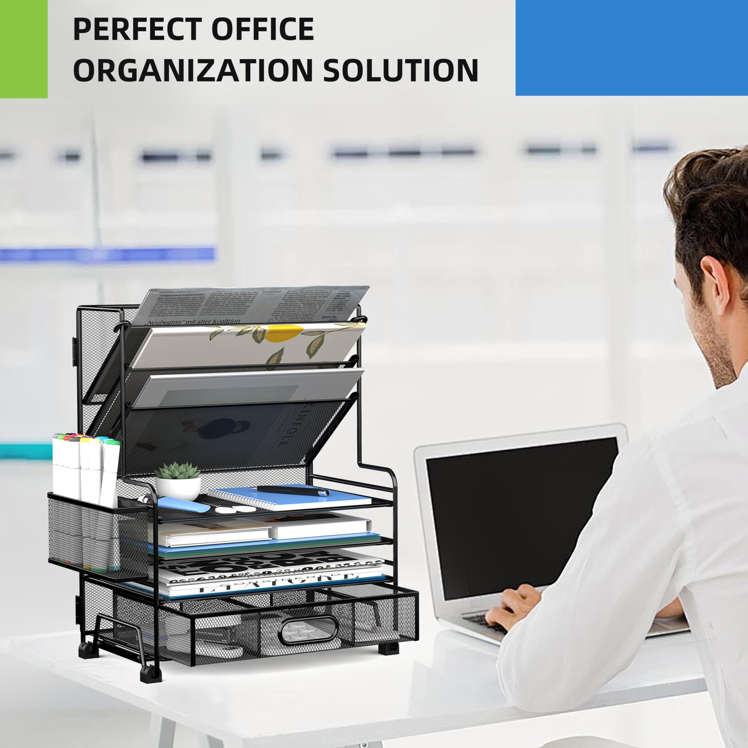 MINDEPOT 4-Tier Paper Organizer + 3-Pocket File Holder + Drawer + Pen Holders, Desktop File Organizers Paper Tray for Office Accessories School Classroom Organization (Black) - Image 6