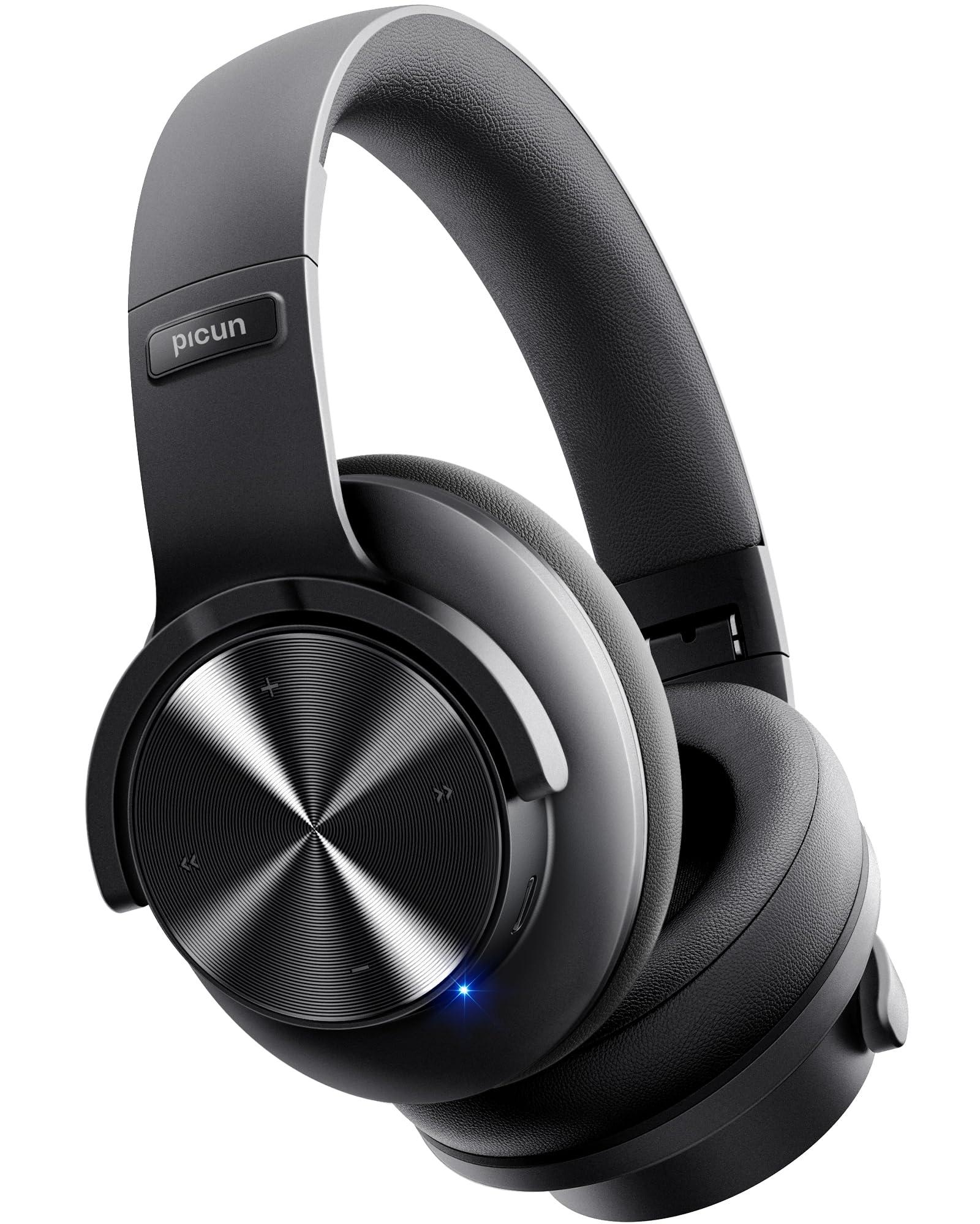 Picun Upgraded Bluetooth Headphones, 120 Hours Playtime, 3 EQ Modes, Deep Bass Wireless Headphones with Microphone, Comfortable and Lightweight Over Ear Headphones for Home, Travel/Office Black