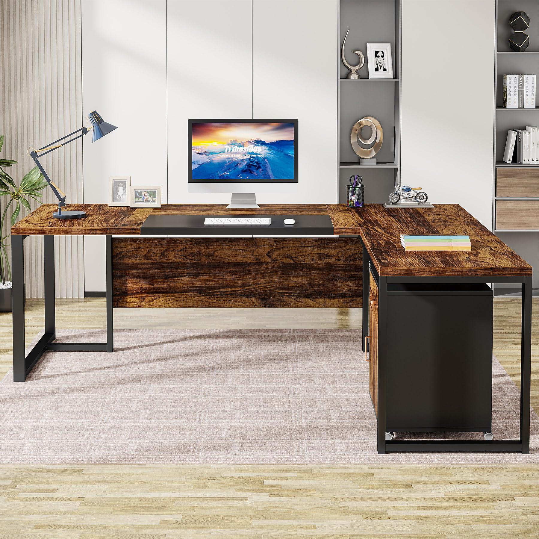 Tribesigns 70.8-Inch Executive Desk with File Cabinet, Large L Shaped Computer Desk with Storage Cabinet, L Shaped Desk with Drawer Cabinet, Rustic Brown & Black - Image 6