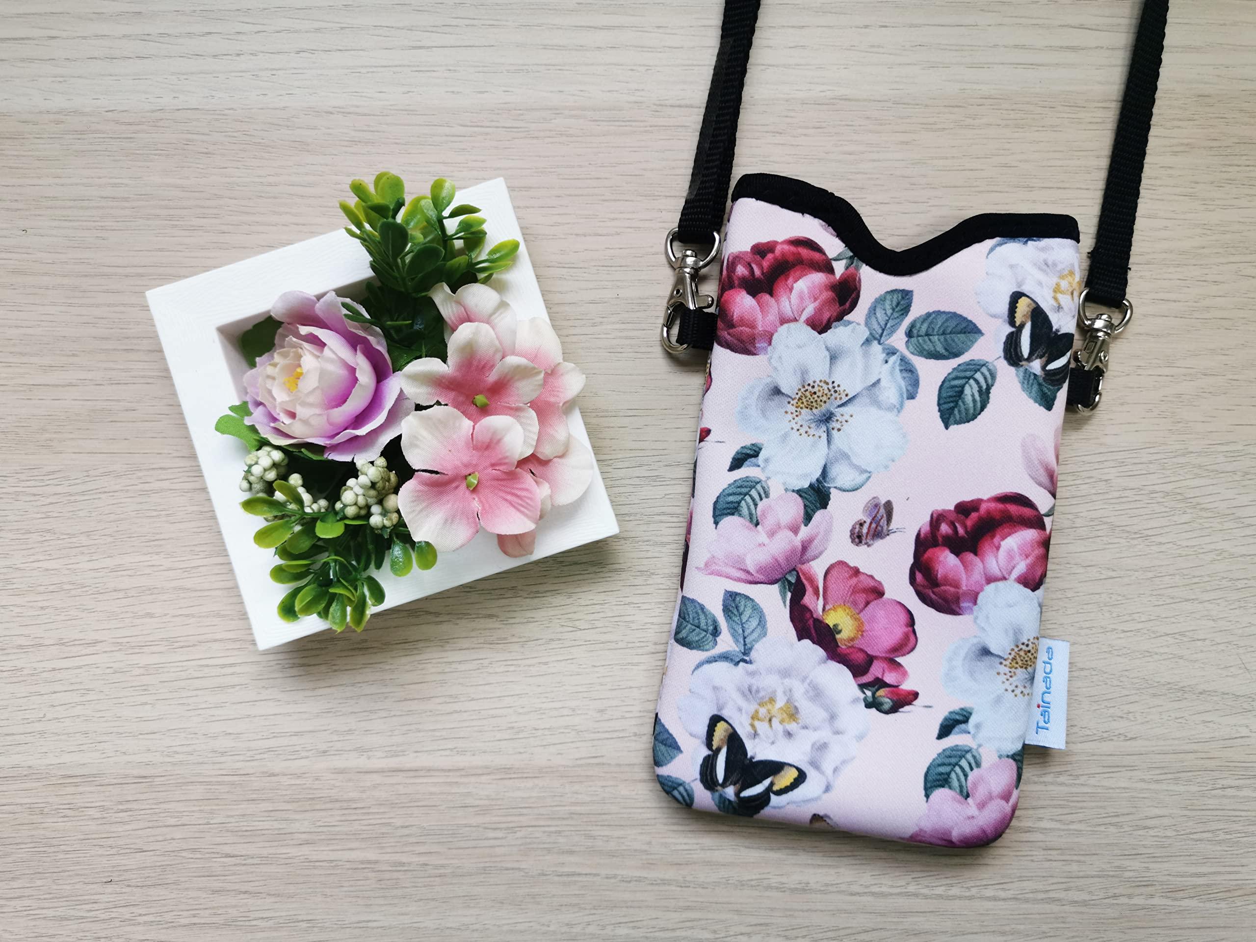 Tainada Women Neoprene Phone Sleeve Pouch Case Bag with Crossbody Strap/Neck Lanyard for iPhone 16/15 Pro Max, 16/15 Plus, 16e, Samsung S25+, S24, A35, A56, Google Pixel 9/8 (Pink Floral) - Image 3