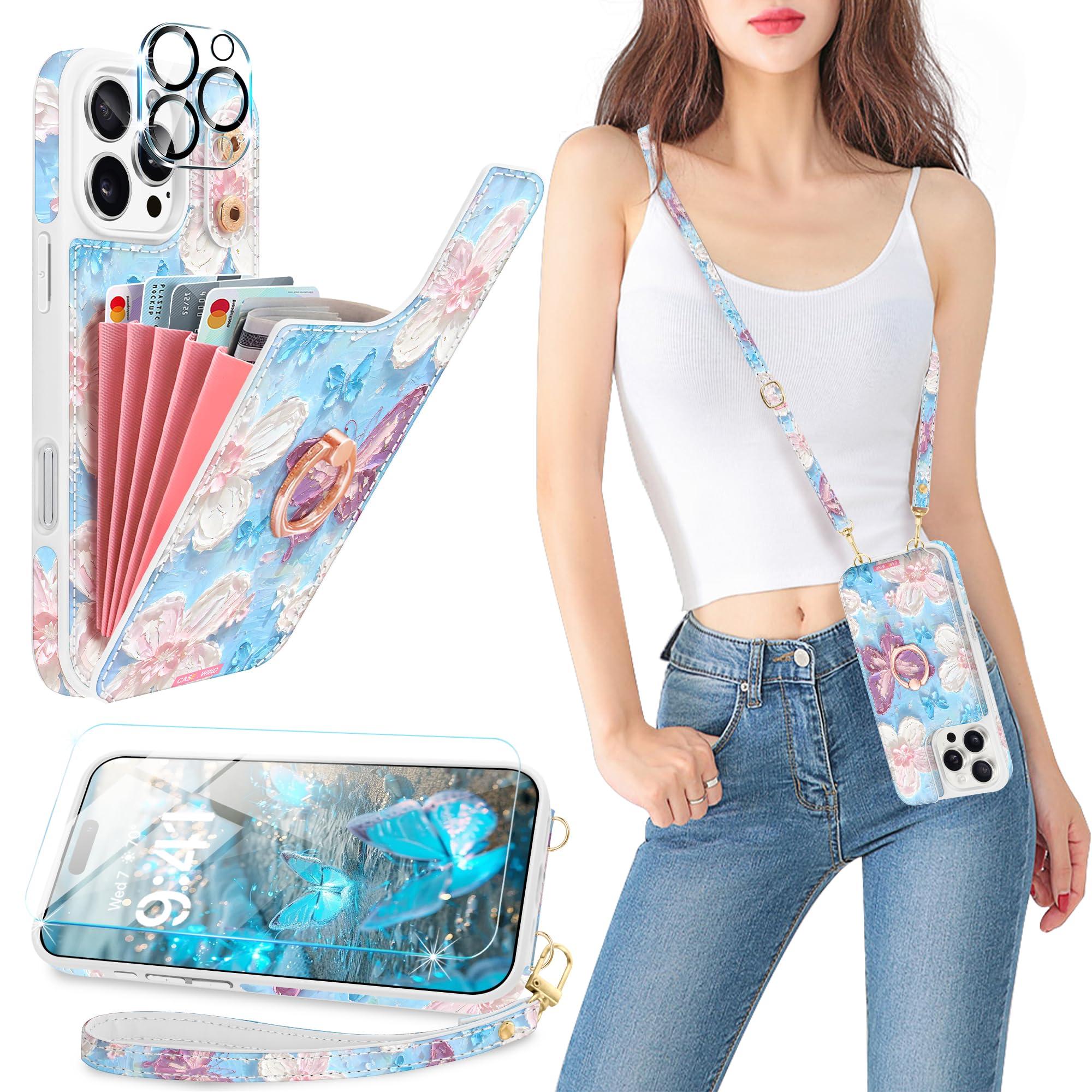 Casewind Crossbody Wallet Case for iPhone 16 Pro Max with Card Holder, Cute 3D Oil Painting Floral Butterfly Crossbody Case[Screen Protector+Camera Lens Protector]Ring Stand&Lanyard Flip Cover, White