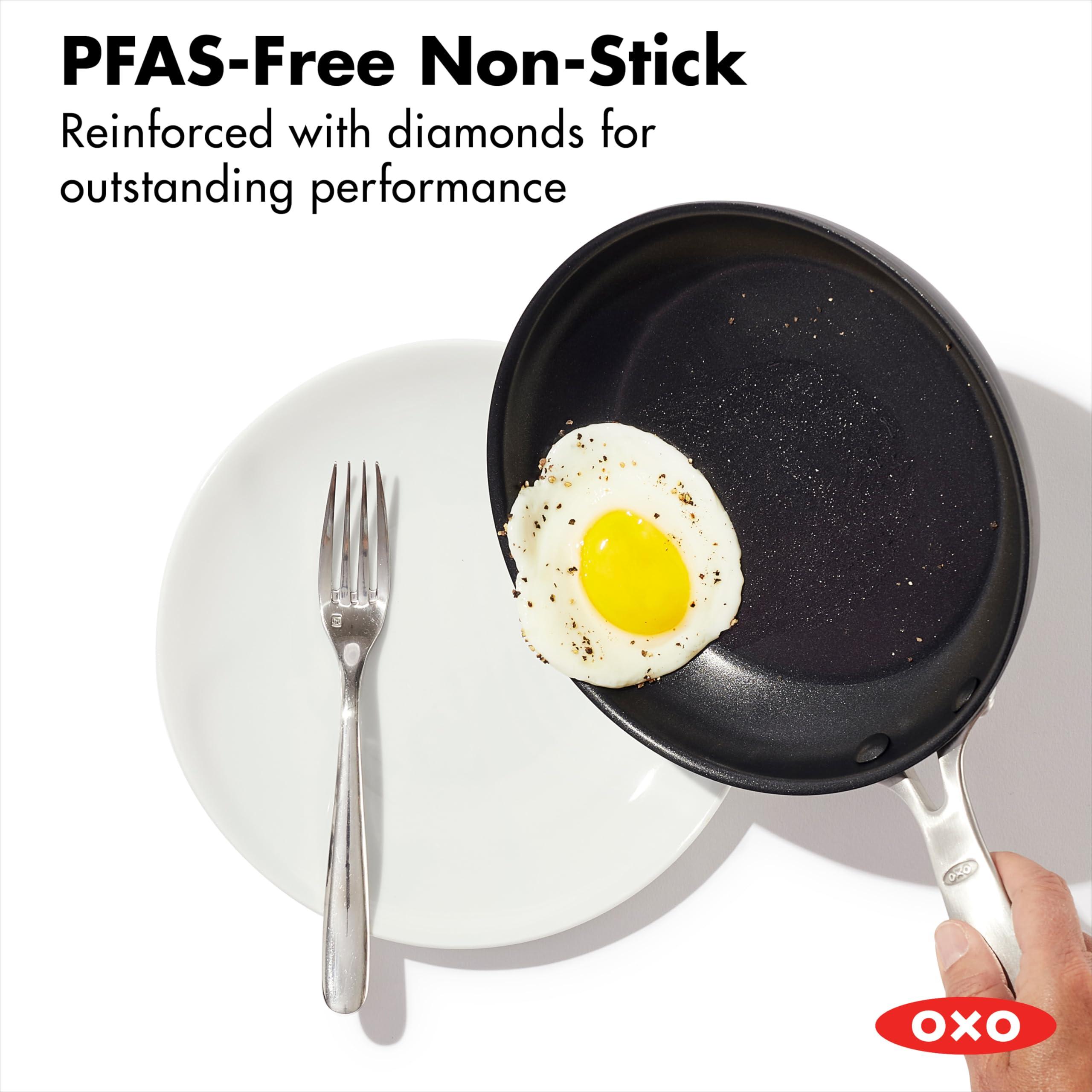 OXO 3 Piece Nonstick Frying Pan Skillet Set,  8" 10" and 12" Ceramic PFAS-Free Cookware, Stainless Steel Handle, Dishwasher Safe, Oven Safe, Black - Image 2