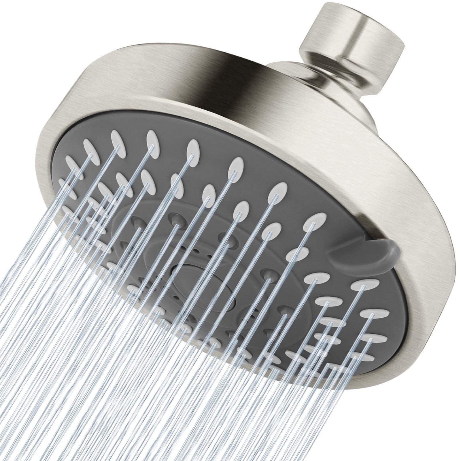 Voolan High Pressure Shower Head - 4 Inch Rain Showerhead - High Flow Bathroom Shower with 5 Spray Settings For a Luxury Showering Experience Even with Low Water Pressure (Brushed Nickel)