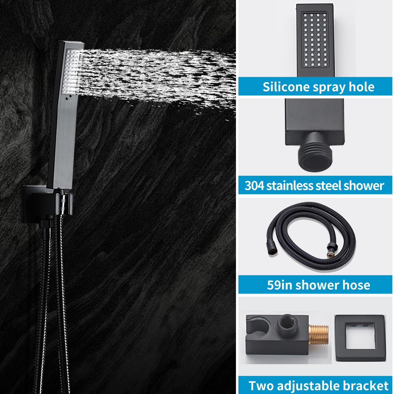 RTTWYYUU Matte Black Shower Faucet Set with Tub Spout 10 Inch, Shower Head and Handle with 2 Hooks, Tub and Shower Faucet Combo, Rain Shower and Handheld Shower System Square Wall Mount for Bathroom - Image 3