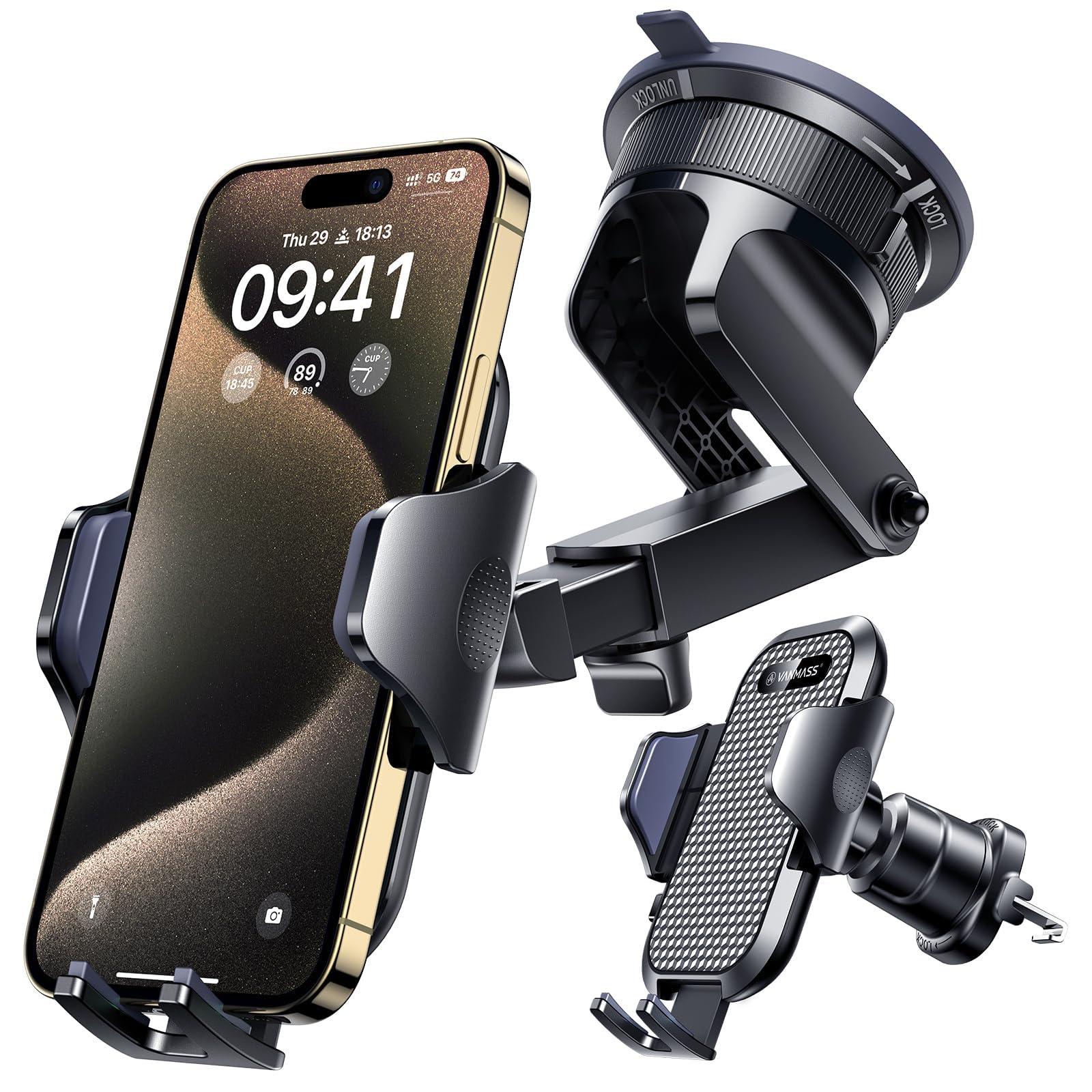[2025 True Military-Grade] Car Phone Holder VANMASS [Upgraded Strongest Suction & Clip] Cell Phone Mount for Dashboard Windshield Vent,Truck Cradle Stand for iPhone 16 Pro Max 15 14 13 Samsung Android