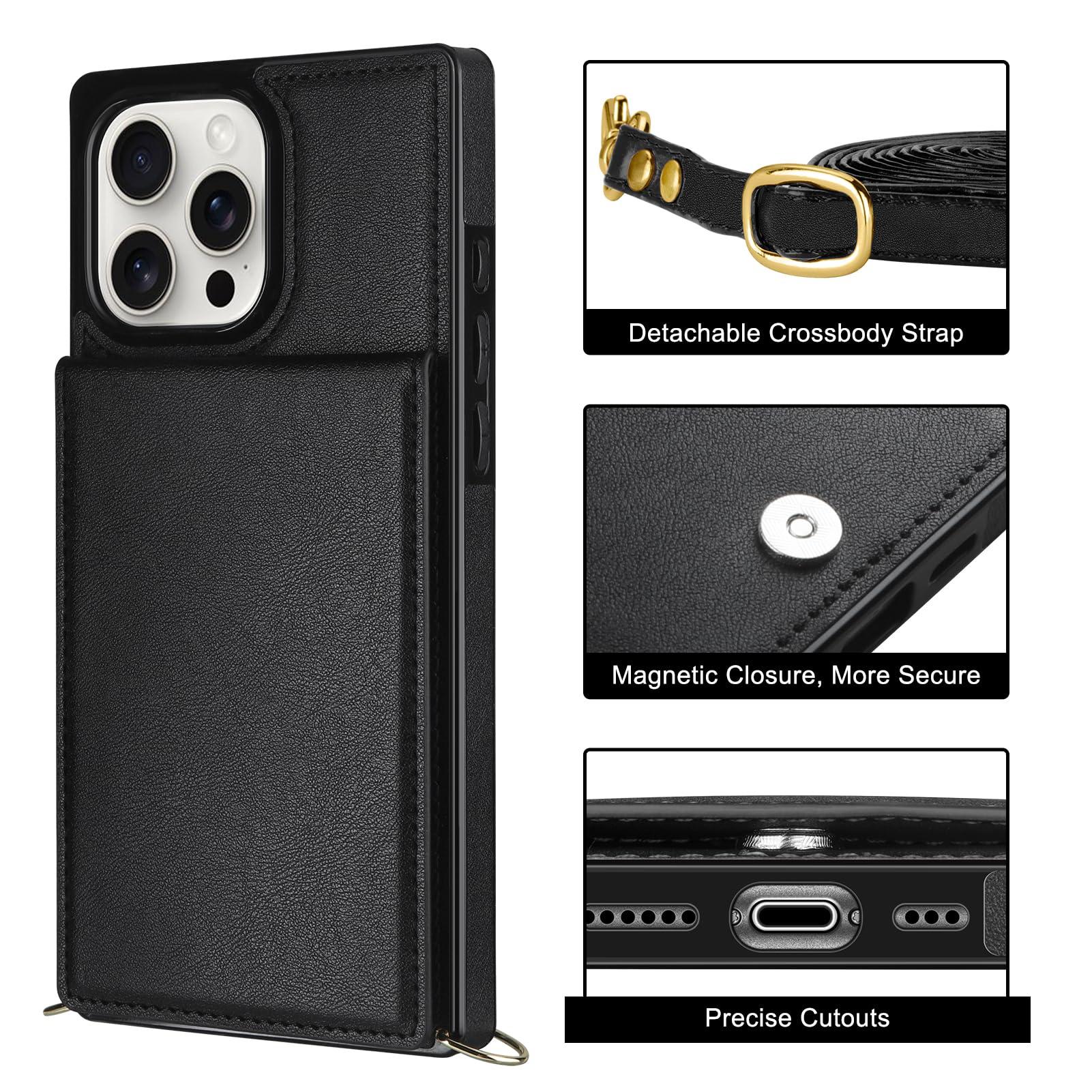 Vofolen for iPhone 16 Pro Max Case with Card Holder Crossbody Lanyard Strap Leather Wallet Case with Magnetic Clasp Kickstand Heavy Duty Protective Flip Cover for iPhone 16 Pro Max for Women, Black - Image 4