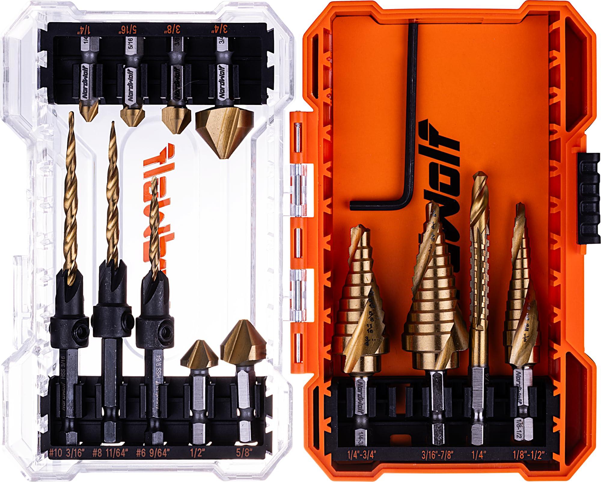 NordWolf 13-Piece HSS Titanium Spiral Flute Step Drill, 82-Degree 3 Flutes Countersink & Tapered Drill 4 Cutters Countersink and Saw Drill Bit Set with 1/4" Hex Shank in Storage Case