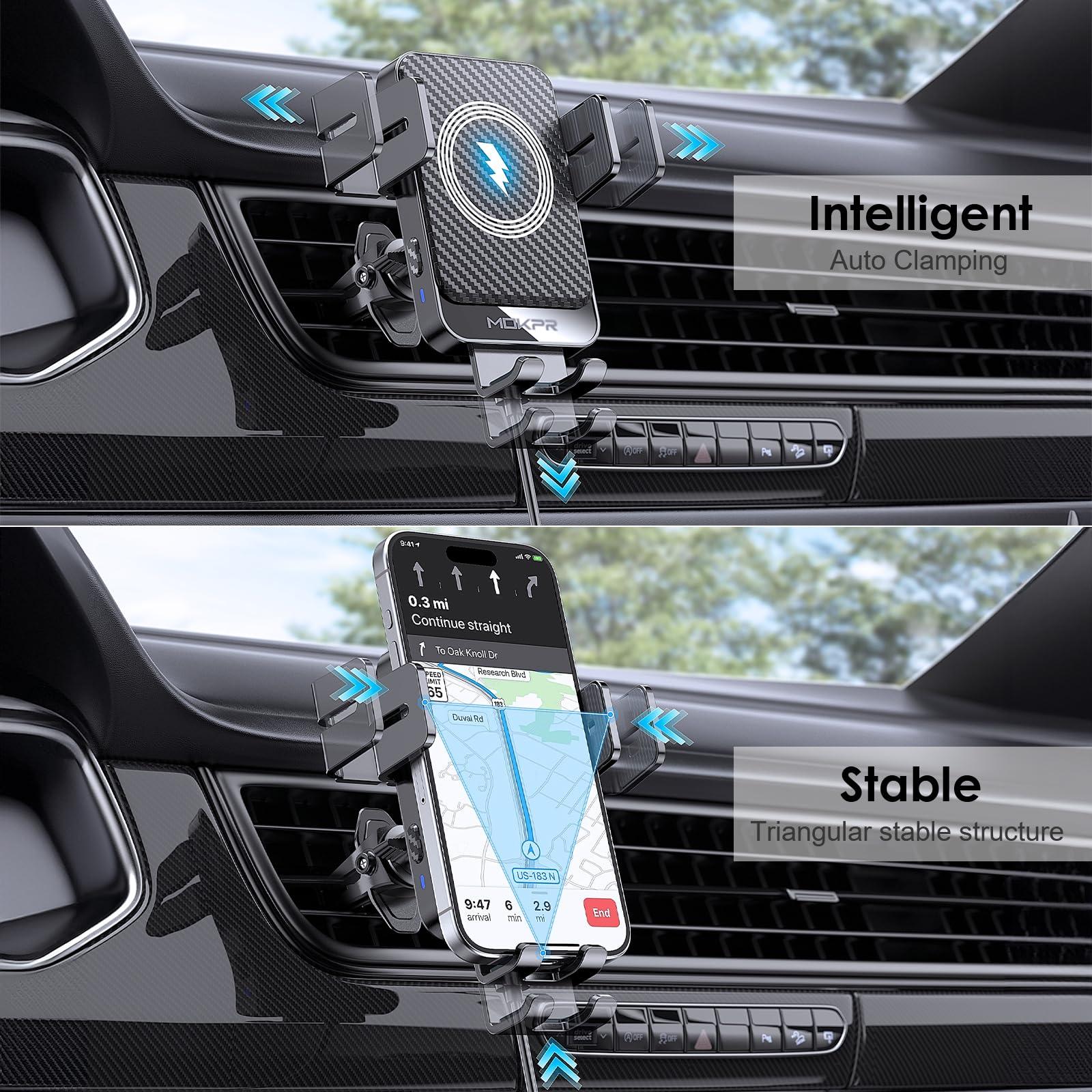 Wireless Car Charger, MOKPR 15W Fast Charging Auto-Clamping Car Charger Phone Mount Air Vent Cell Phone Holder Compatible iPhone 16/15/14/13/13 Pro/12 pro/12/11, Samsung Galaxy S23/S22/S21/S20, etc - Image 3