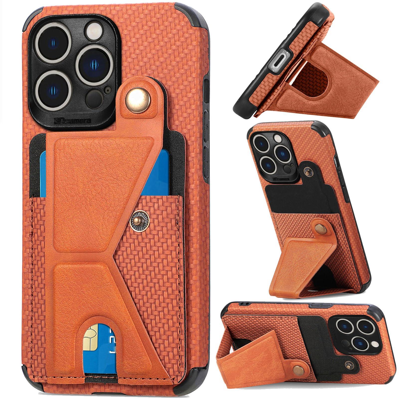 GuluGuru for iPhone 16 Pro Max Leather Phone Case Weave Pattern Back Cover, Flip Folding Kickstand Bracket Ring, Classic Buckle Button, Card Holder Slot, Support Magnetic Holder Brown