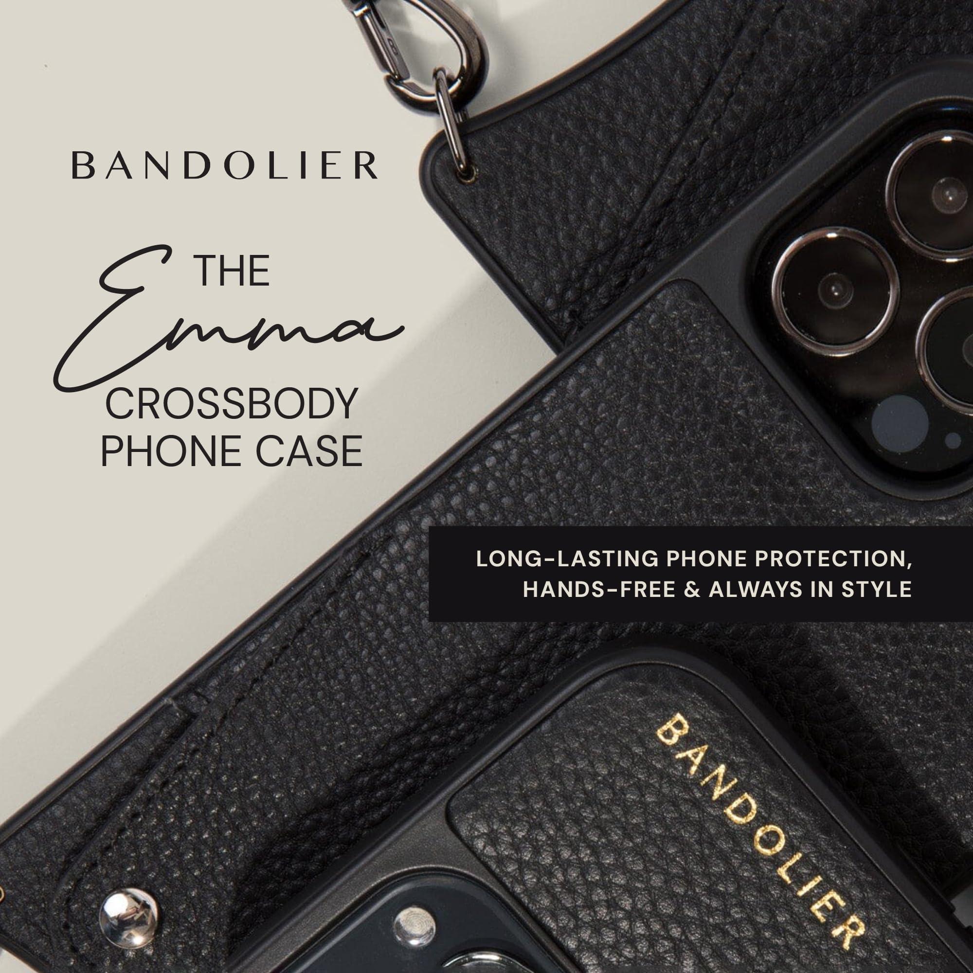 Bandolier Emma Crossbody Wallet Phone Case for iPhone 16 Pro Max. 100% Genuine Pebble Leather. Adjustable & Removable Crossbody Strap. Card Holder with Snap Closure. Black with Pewter Hardware - Image 8