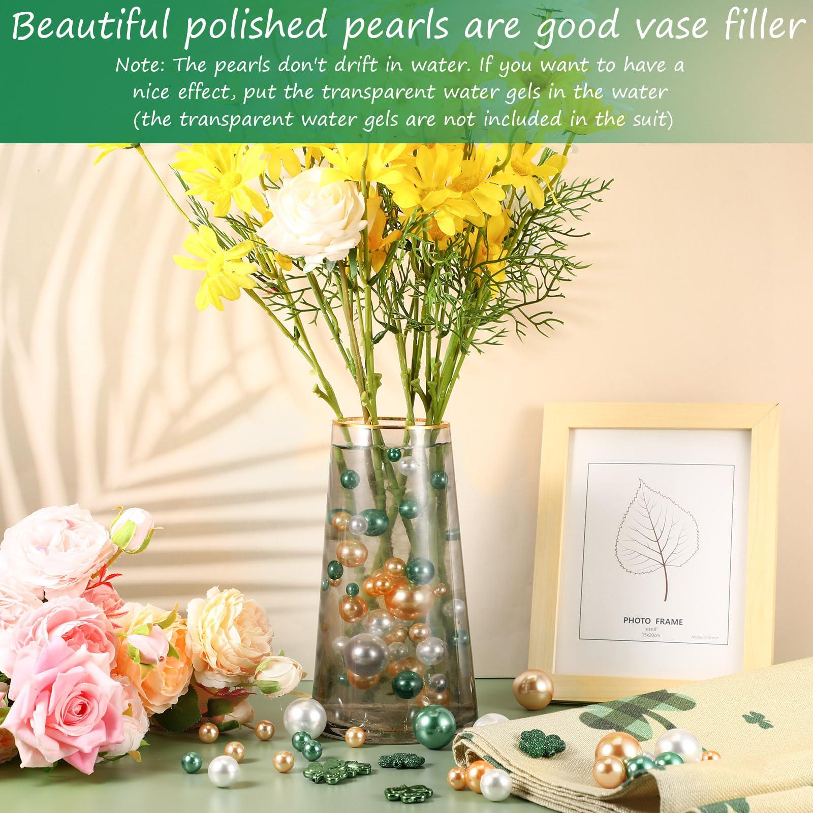 Jadive 200 Pieces Pearl Beads for Vase Filler Centerpieces, No Holes Pearl Makeup Beads for Wedding Holiday Party Home Brushes Holder Decor, 10/14/20/30 mm(Gold, Green, White) - Image 7