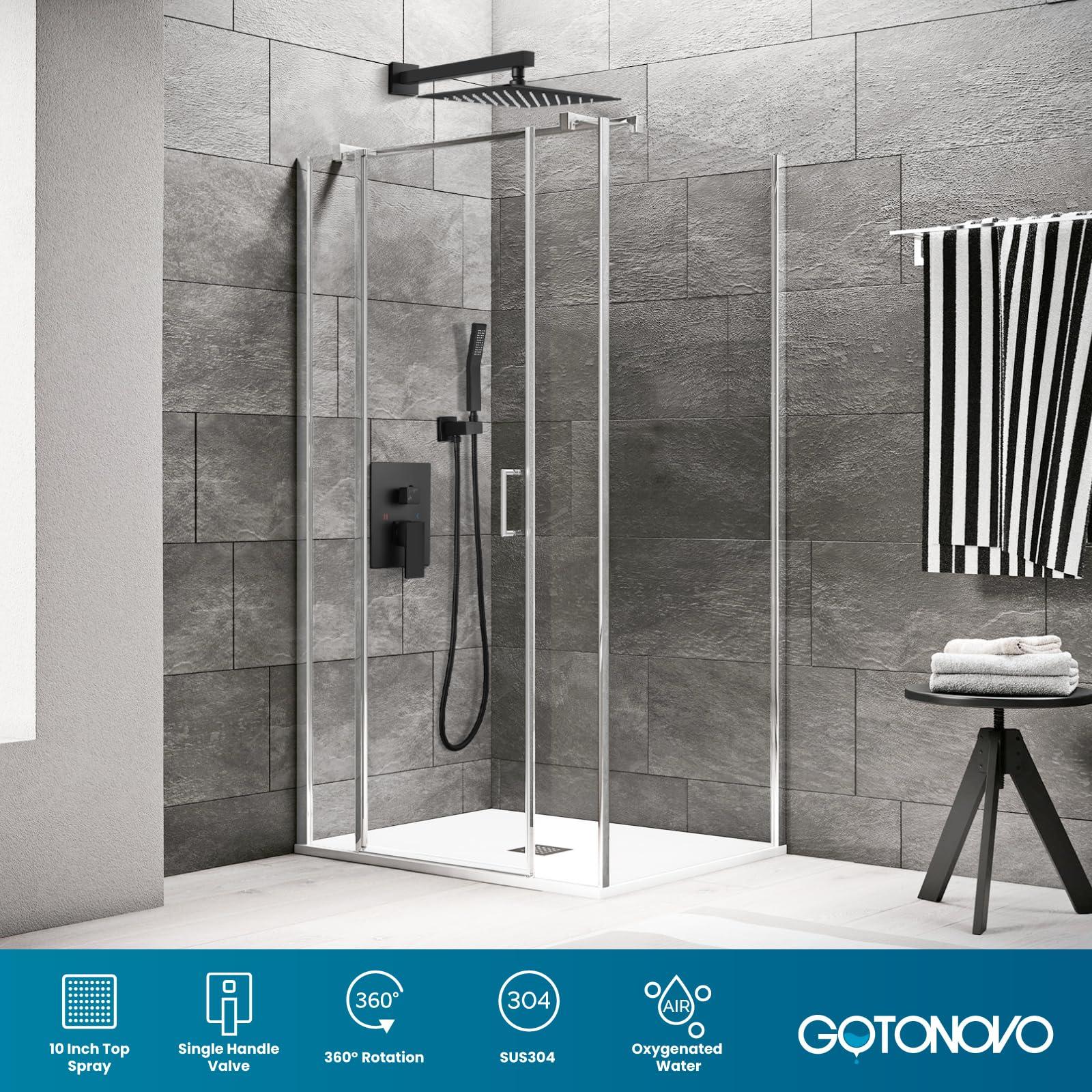 gotonovo Rainfall Bathroom Shower System Rain Shower Head and Handle Set Wall Mounted Shower Complete Combo Solid Brass Pressure Balancing Shower Mixer Valve 10 Inch Matte Black - Image 8