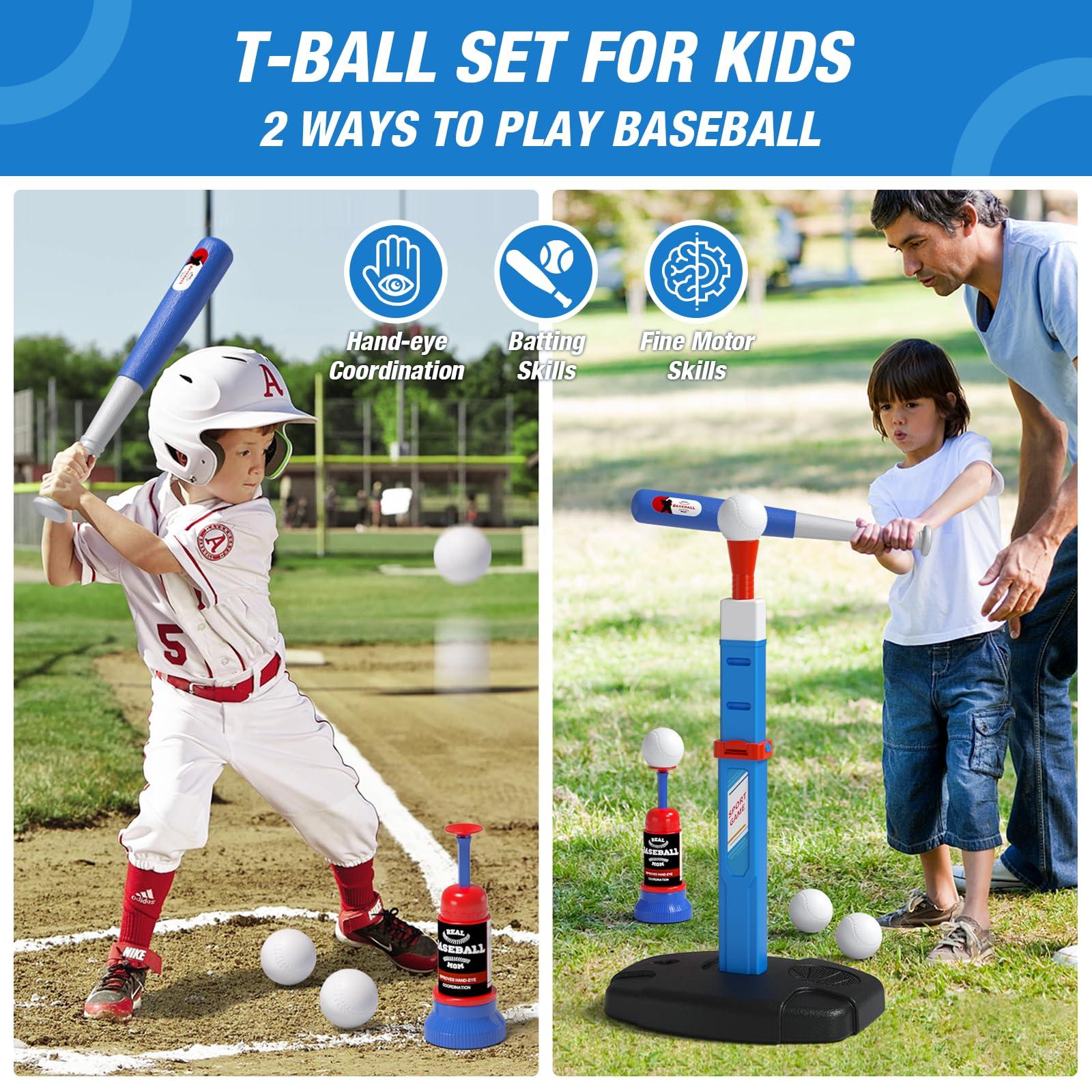 HYES 2 in 1 Kids Basketball Hoop and T Ball Set - Adjustable Height, Kids Baseball Tee with Automatic Pitching Machine, Indoor Outdoor Sport Toys Gifts for Toddler Boys Girls Age 1-5, Blue - Image 5