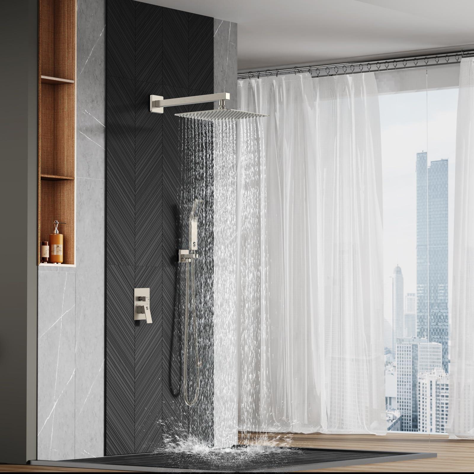 SR SUN RISE Shower Faucet Set Bathroom Square Rain Shower Head with Handheld Spray Wall Mounted Rainfall Shower Fixtures Brushed Nickel Shower Faucet Trim Repair Kits (Contain Shower Valve)10 Inches - Image 2