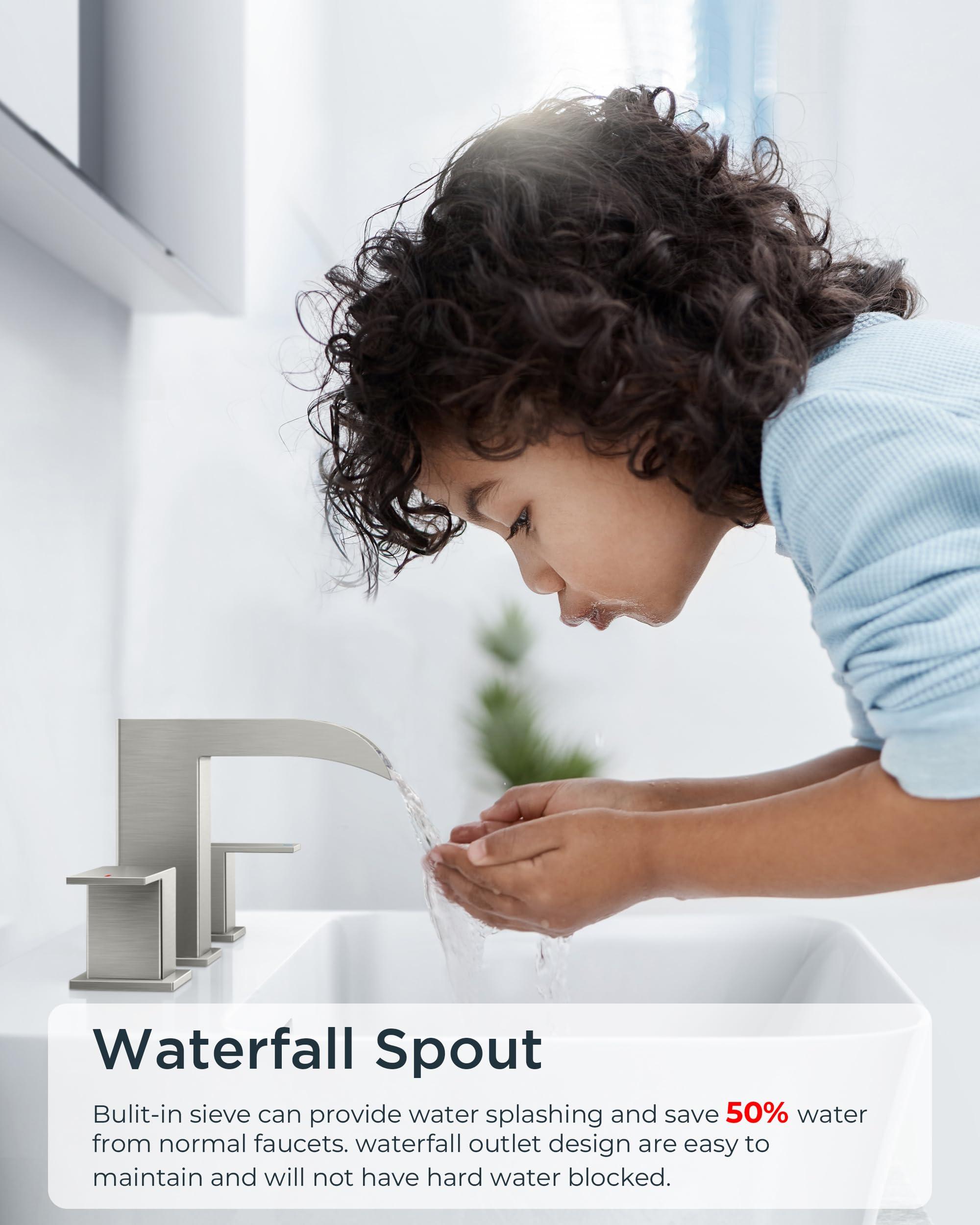 FORIOUS Square Brushed Nickel Bathroom Faucets 3 Hole, Waterfall 8 Inch Widespread Bathroom Sink Faucet with Metal Pop-up Drain and Supply Lines, Two Handles for Vanity, Lavatory, Restroom - Image 5