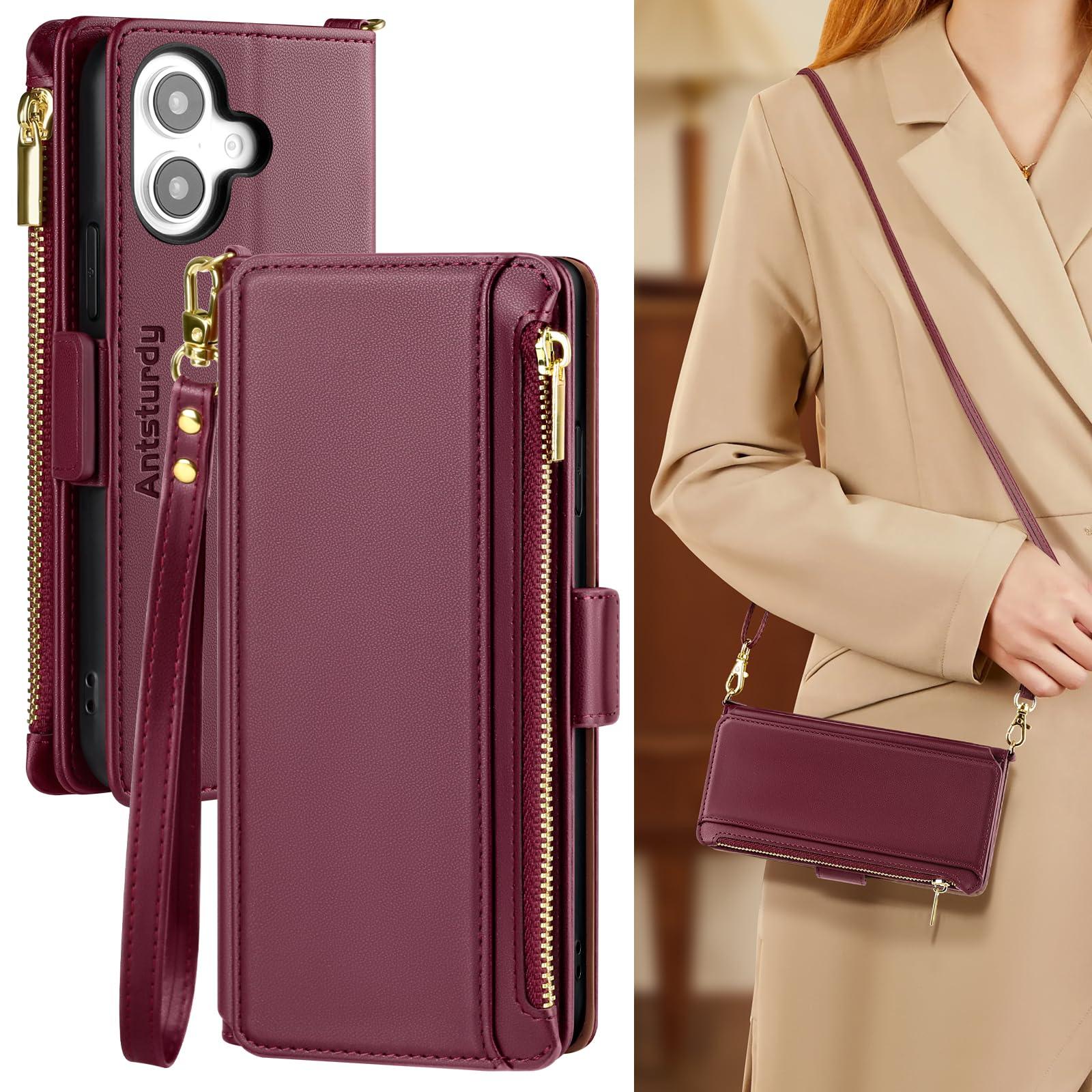 Antsturdy Compatible with iPhone 16 Wallet Case for Women【RFID Blocking】 Crossbody Phone Case PU Leather Zipper with Wrist Strap Flip Cover Credit Card Holder for Apple 16 6.1",Wine Red