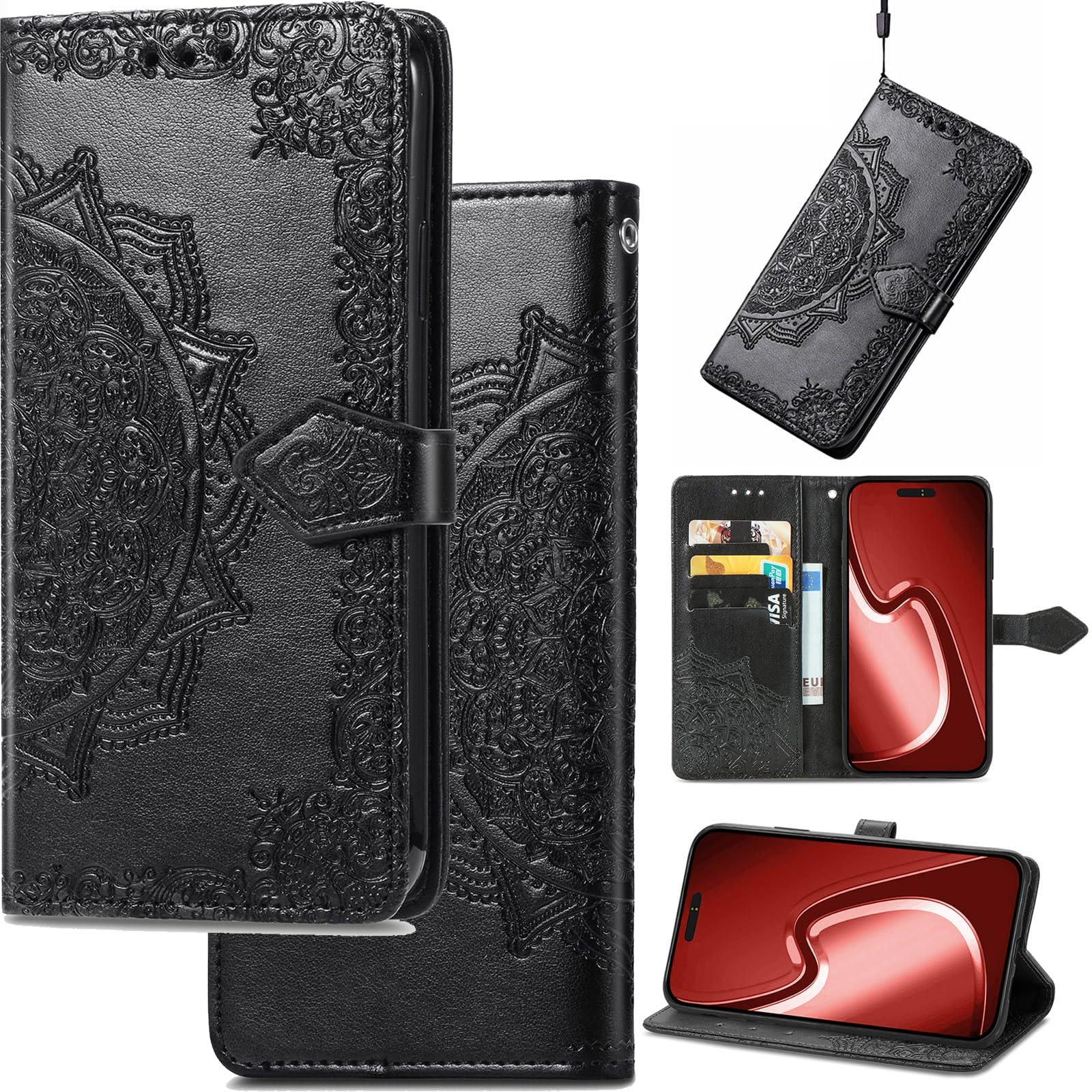 GuluGuru for iPhone 16 Pro Max Leather Phone Case, 3D Carved Relief Flower Lace Pattern Folio Flip Cover Kickstand, Floral Card Holder Cash Slot, Magnetic Clasp, Hand Wrist Strap